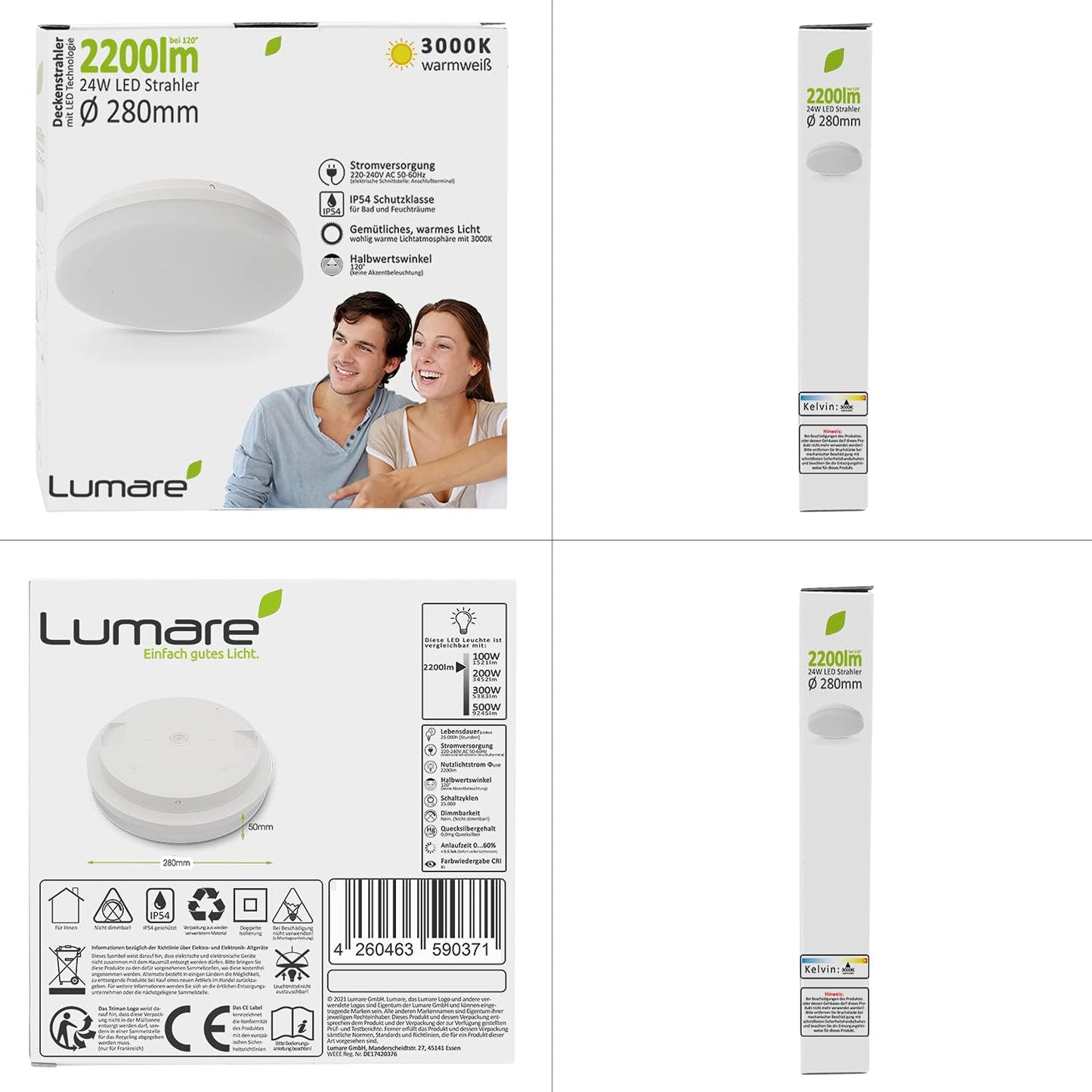 Plafoniera LED 24W Rotondo 2200Lm Ø280Mm Sostituisce Circa 120W Lampada Da Soffitto IP44 | 3000K Bianco Caldo