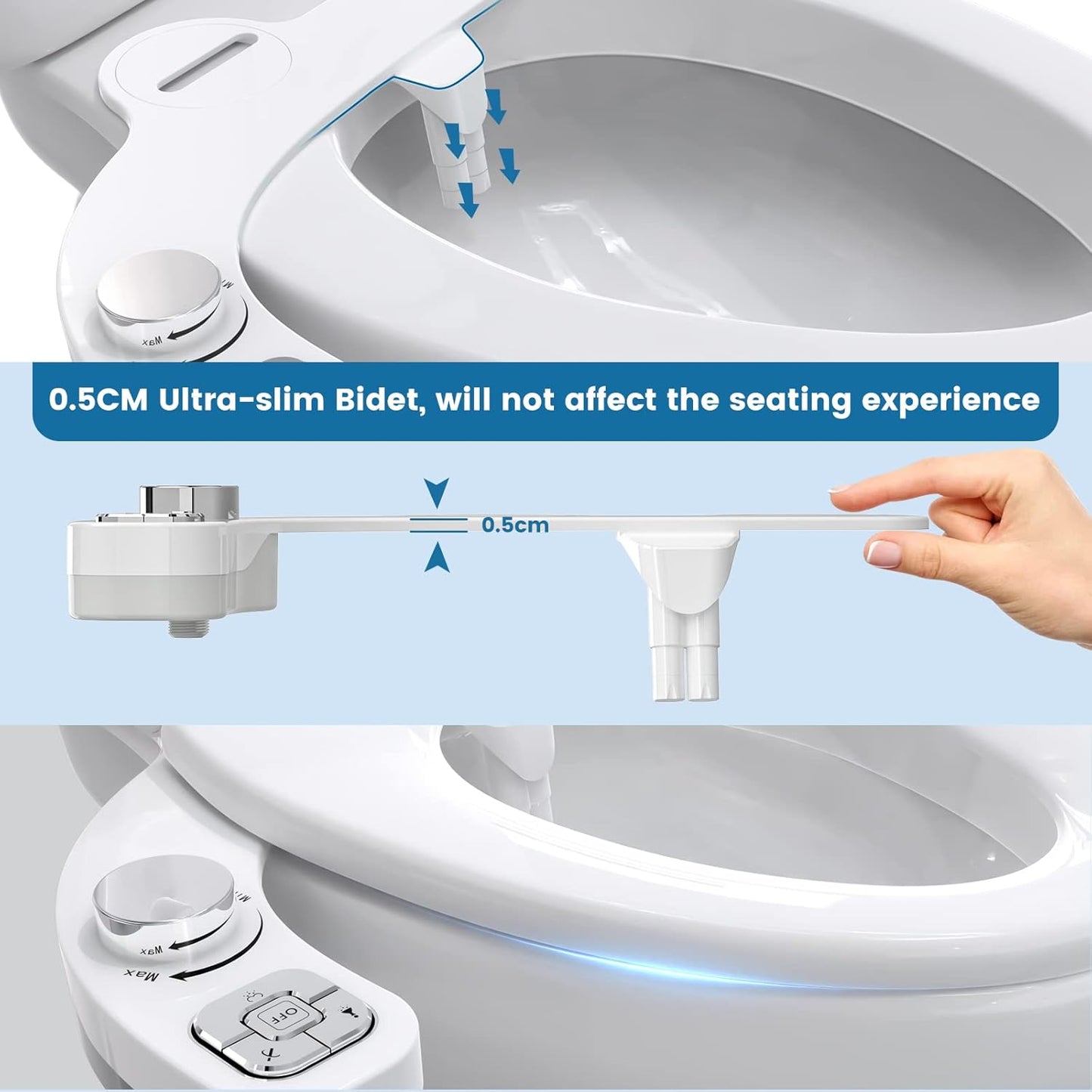 Inserto per Bidet per WC, Non Elettrico, Sottile Bottone Automatico, Bidet, Doppio Ugello Autopulente Retrattile (Protezione Da Intasamento) E Manopola per La Regolazione Della Pressione