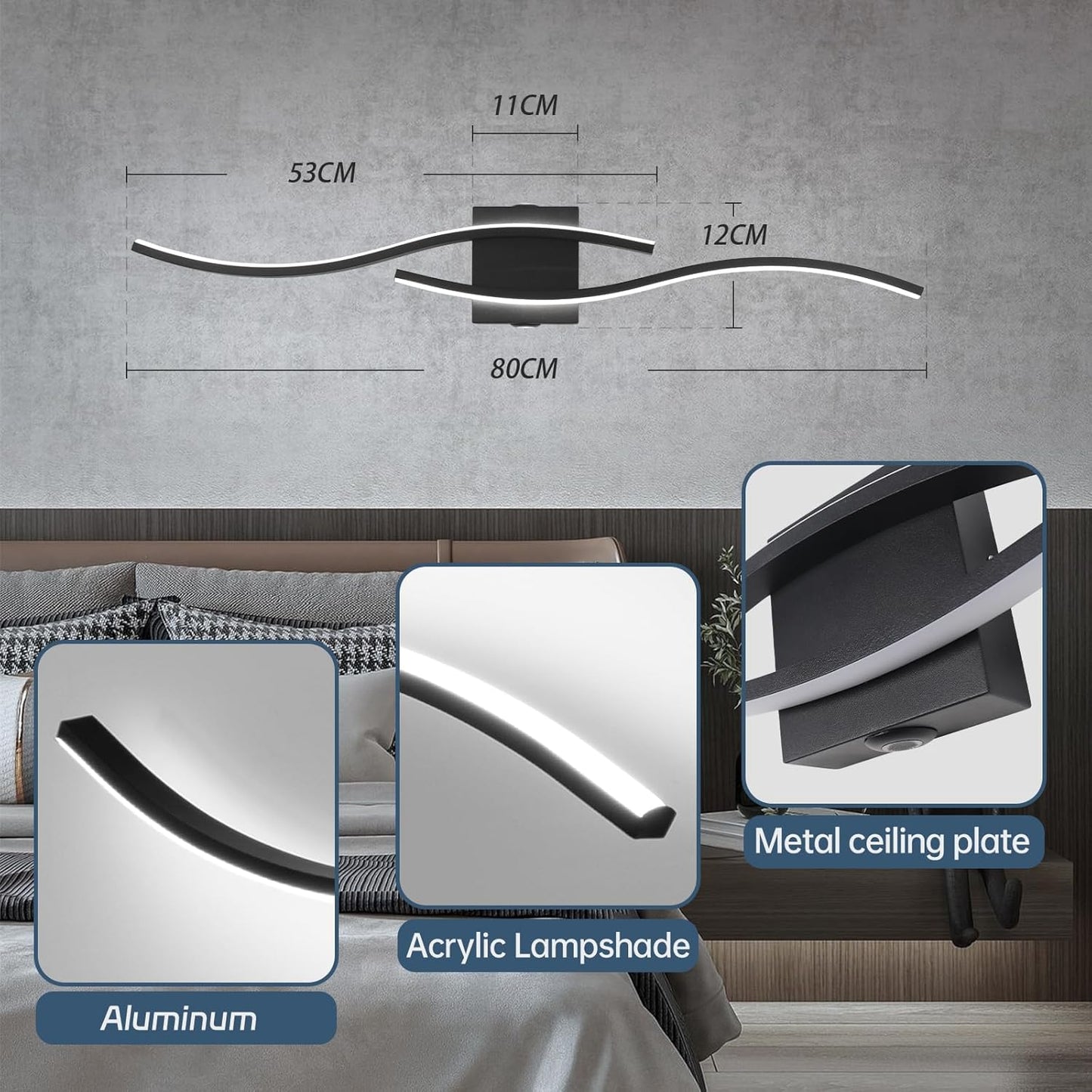 Lampada da Parete a LED per Interni, Lampade da Parete Moderne Nere LED con Sorgente Luminosa Ausiliaria su Entrambi i Lati, Lampada da Parete Curva Creativa per Scale Corridoi Soggiorno - Luce Bianca Fredda 28W 80Cm.