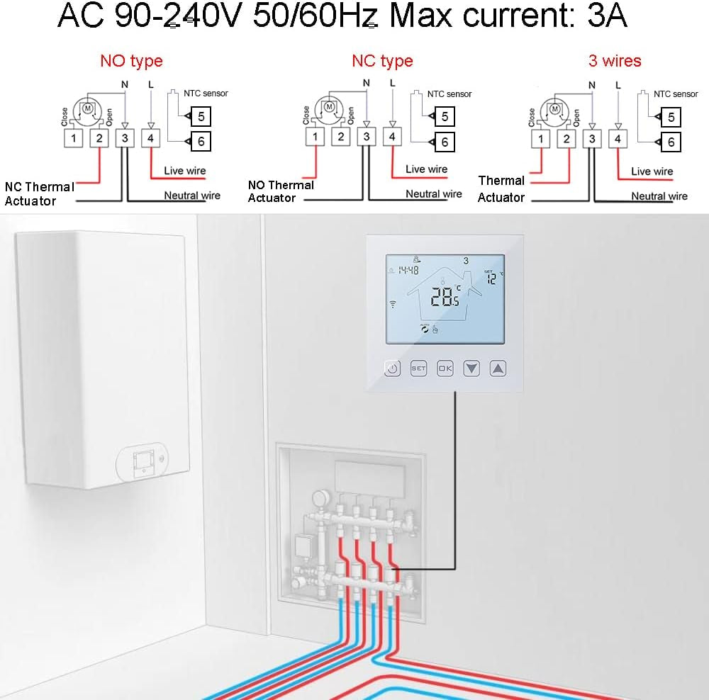 Intelligente Termostato Wifi Riscaldamento a Pavimento Acqua 3A Alexa Google Assistant Compatibile, Digitale Termostato Ambiente Programmabile Da Parete Smart Life Tuya App Controllo