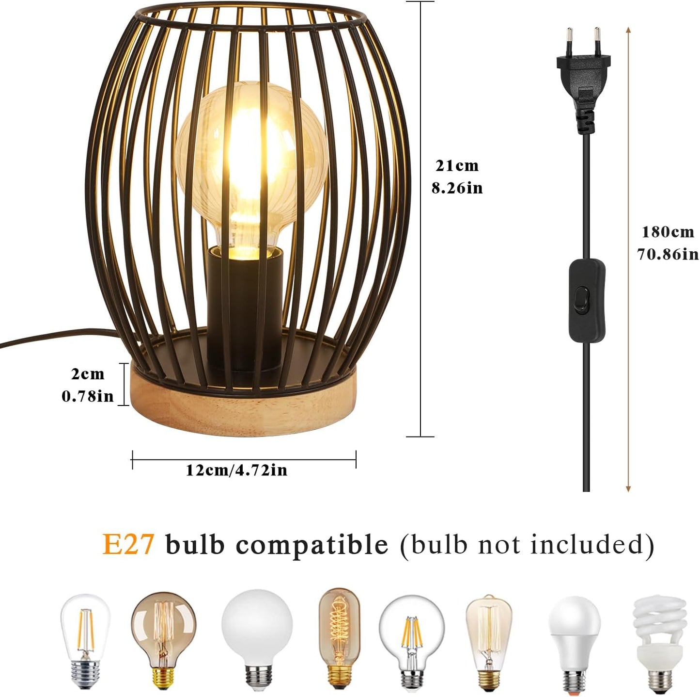 Lampada Da Tavolo Vintage, Lampada Comodino Camera Da Letto 21Cm Alta, E27 Lampada Da Comodino Nero per Camera Da Letto, Soggiorno, Matrimoni Feste Patio Eventi, Interruttore Incl