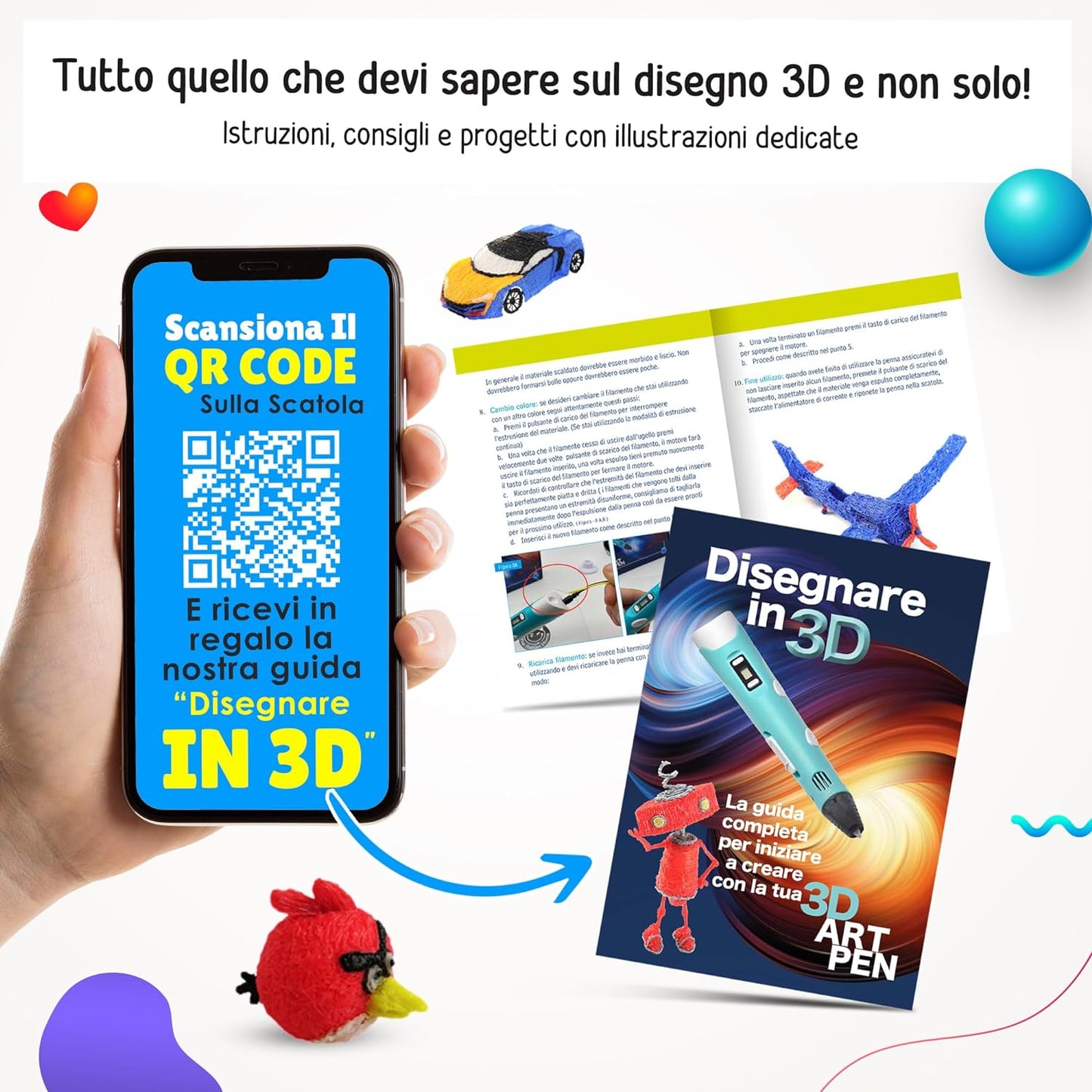 ® Penna 3D + Filamenti PLA 36 Metri (2 Fluoerescenti) + Istruzioni in Italiano E Guida Illustrata in Omaggio - Penna 3D Professionale, Cose Utili, Idee Regalo
