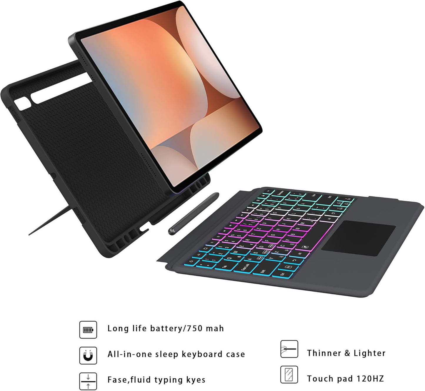 Custodia per Galaxy Tab S9 FE+/S9+/S10+ 12,4 Pollici Con Tastiera QWERTZ – Tastiera Rimovibile Con Touchpad & 7 Illuminazione Colorata – Custodia Tastiera per Samsung Galaxy Tab S10+ Plus/S9 FE