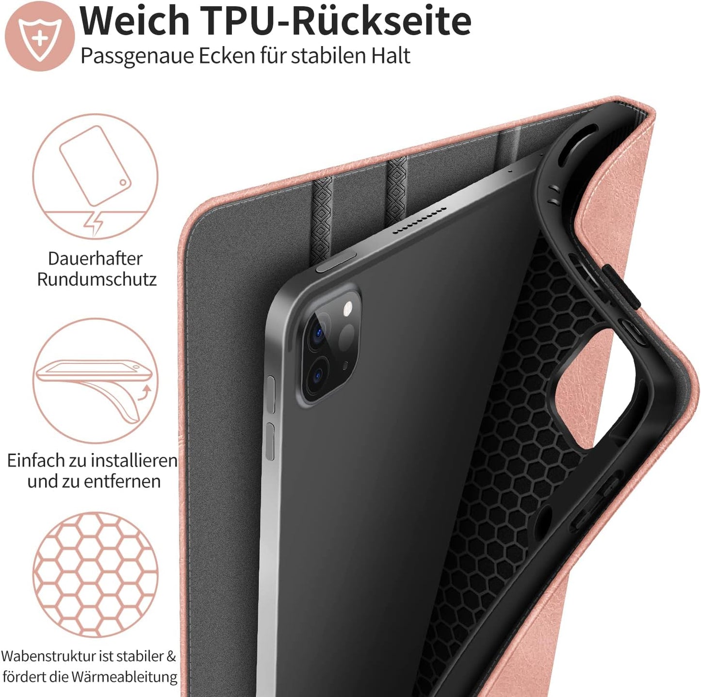 HOLIMET Custodia per Ipad Pro 12.9 Pollici 2021/2020/2018 (5°/4°/3° Generazione) Con Portapenne, in Pelle PU, Antiurto, Con Custodia E Funzione Auto Wake/Sleep, Supporto Multi-Angolo (Rosa)