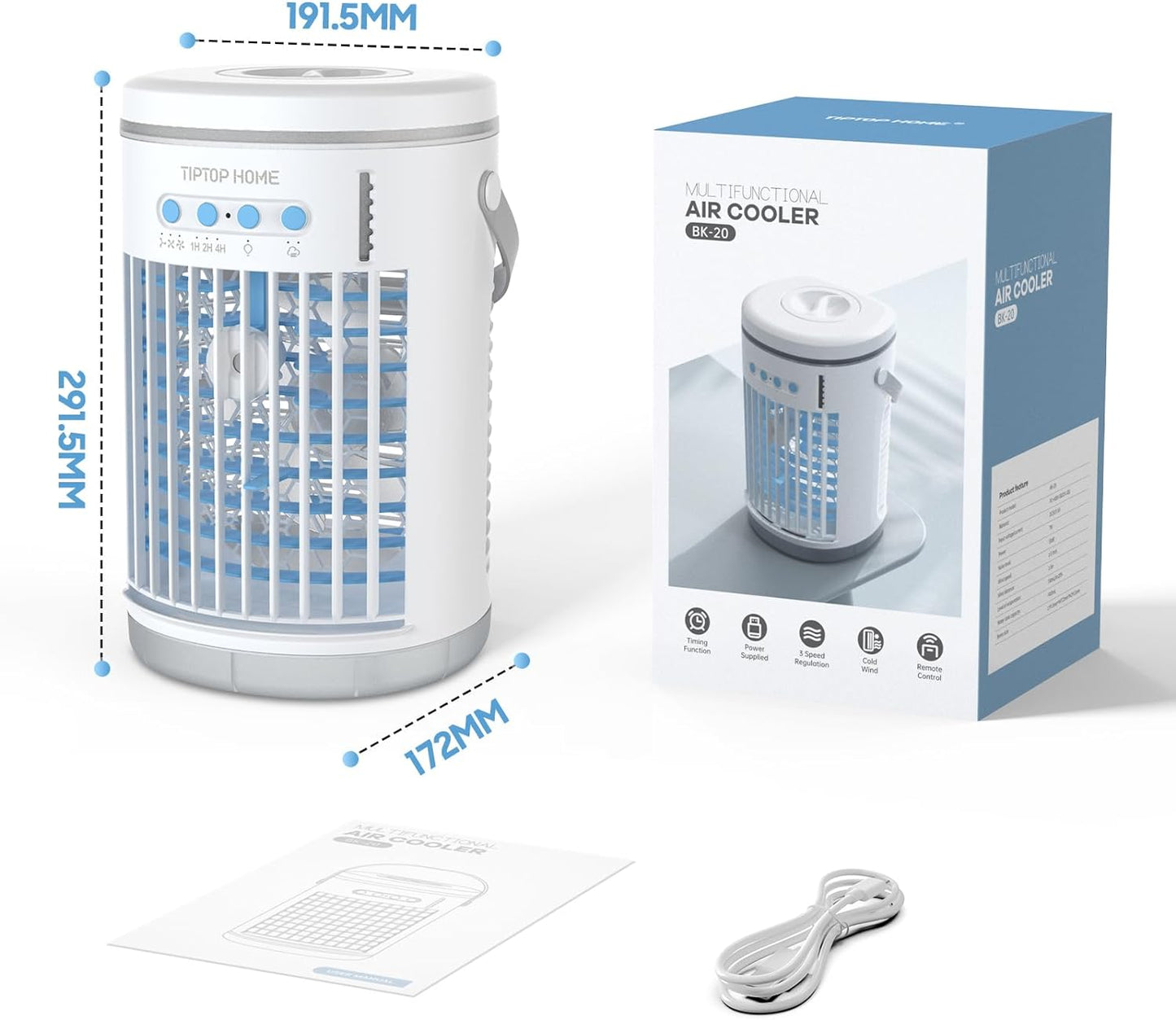 Condizionatore Portatile, Climatizzatore Portatile Silenzioso, 5 in 1 Aria Condizionata Portatile, Raffrescatore D'Aria, Condizionatore Portatile Senza Tubo, 3 Velocità, 2 Modalità Di Nebbia, 1400Ml