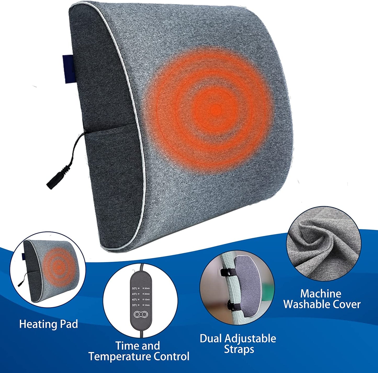 Cuscino Lombare Con Riscaldamento per Sedia Da Ufficio, Allevia Il Dolore Lombare Memory Foam Con Elemento Riscaldante (Blu Navy)