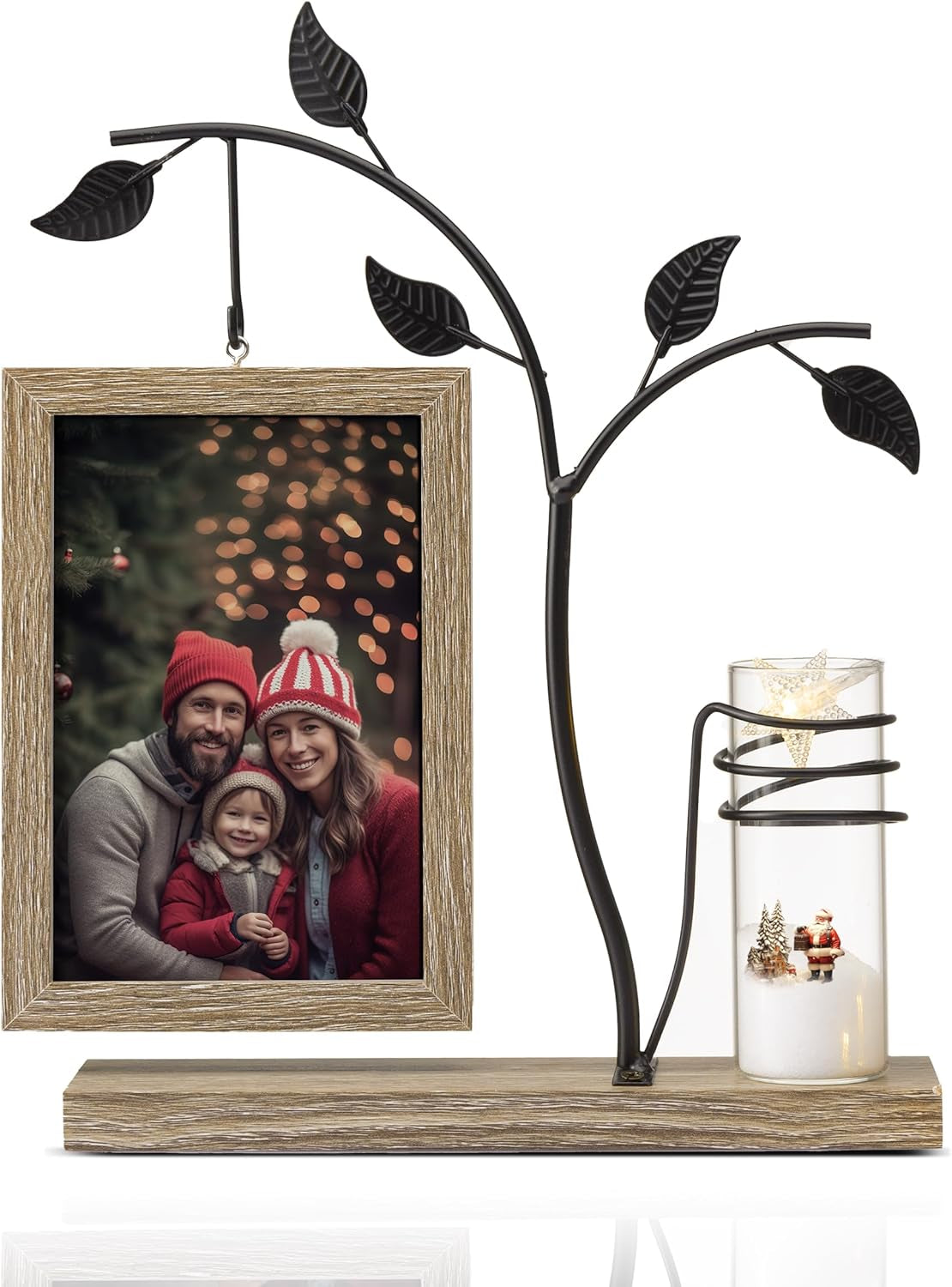 Cornice Foto Legno 10X15 Cm Bifacciale Con Albero in Metallo E Vaso Marrone Naturale per 2 Foto