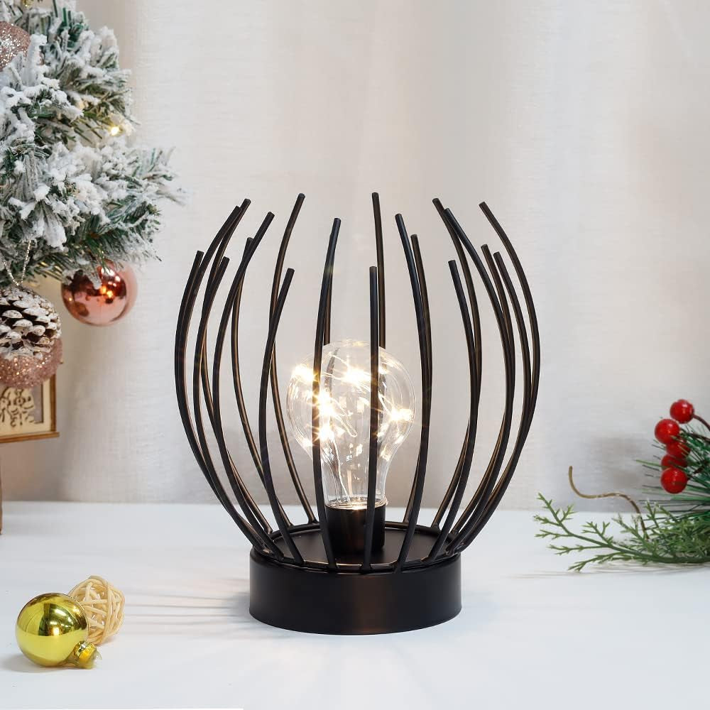 Lampada Da Tavolo in Metallo Decorazione Lampada Senza Fili Lampade Comodino Camera Da Letto a Batteria Caricata Con Lampadina Sferico per Matrimoni Feste Patio Eventi All'Aperto(Nera)