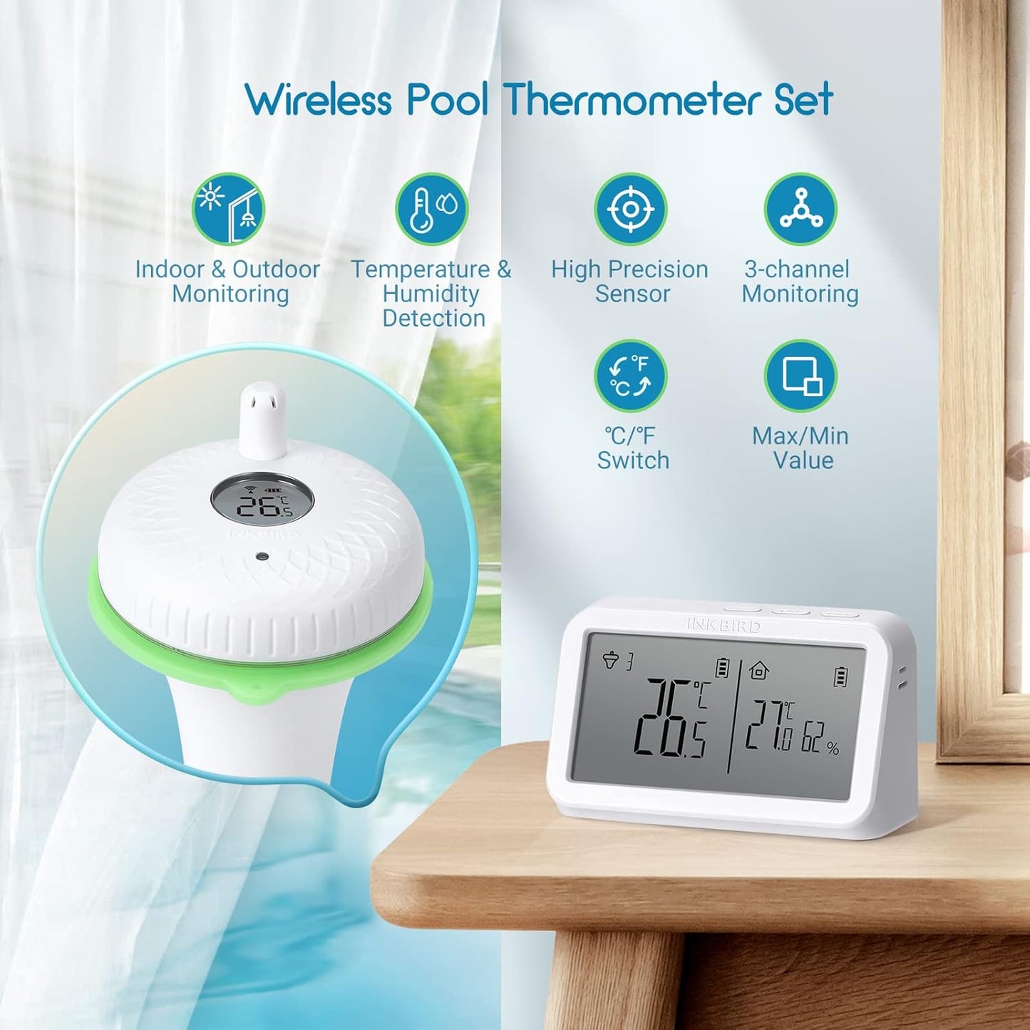 IBS-P02R Termometro per Piscina Digitale IPX7 Impermeabile Termometro Galleggiante Termometro Neonato Bagnetto Wireless Con Monitor Di Temperatura E Umidità per Piscina Acqua Bagno