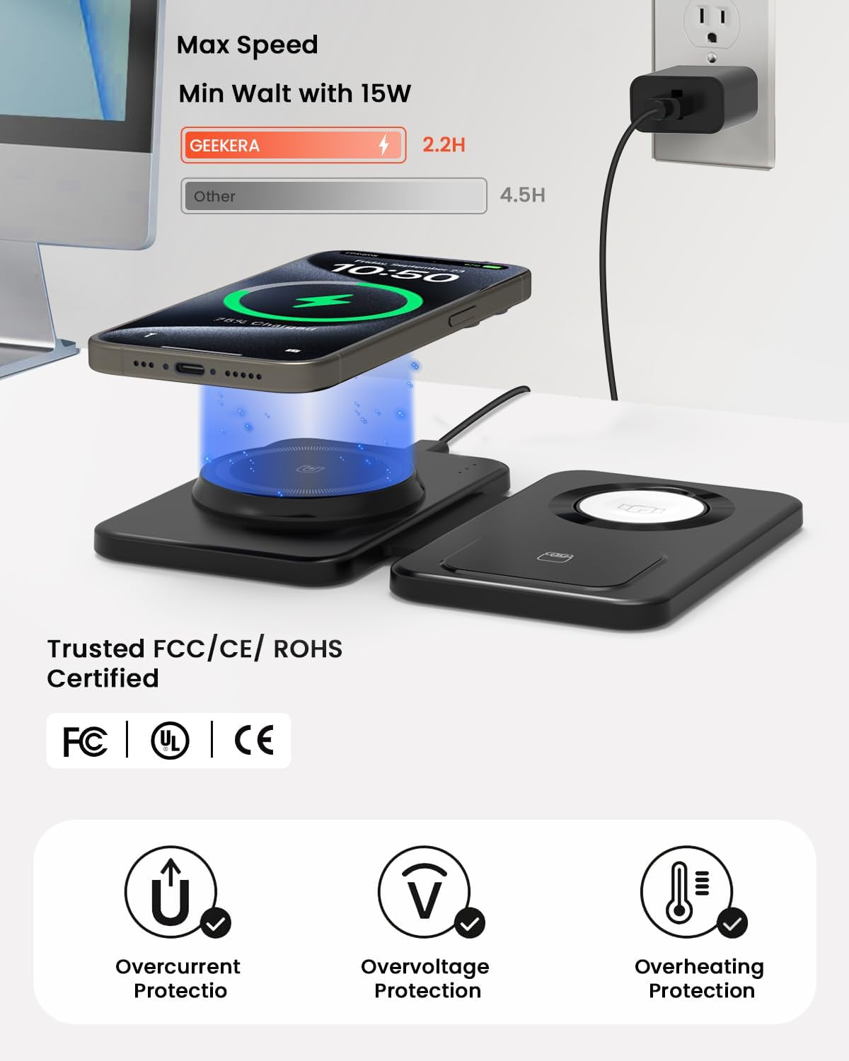 Caricatore Con Magsafe, 3 in 1 Stazione Di Ricarica per Apple Watch E Iphone 15/14/13/12/Pro Max, Caricatore Wireless per Iwatch 2-Ultra 2, Base Caricabatterie Wireless per Airpods 2-Pro-Nero