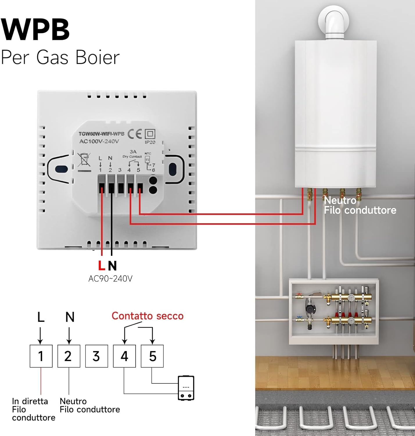 Termostato Wifi Caldaia a Gas,Termostato Programmabile Settimanale Intelligente,Termostato Controllo Con Tuya Samrt Compatibile Con Google Assistant E Alxe,Termostato Ambiente Digitale TGW60W-WPB