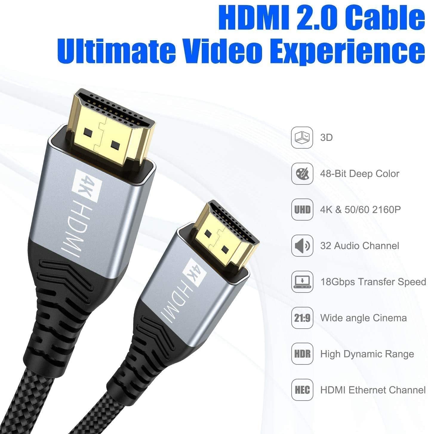 Cavo HDMI 5Metres, 4K 5M High Speed HDMI 2.0 Cavo 4K @ 60Hz 18Gbps Compatibile Con HD 1080P, HDR, High Speed with Ethernet, ARC, PS3/PS4, Xbox One/360, HDTV E Monitor
