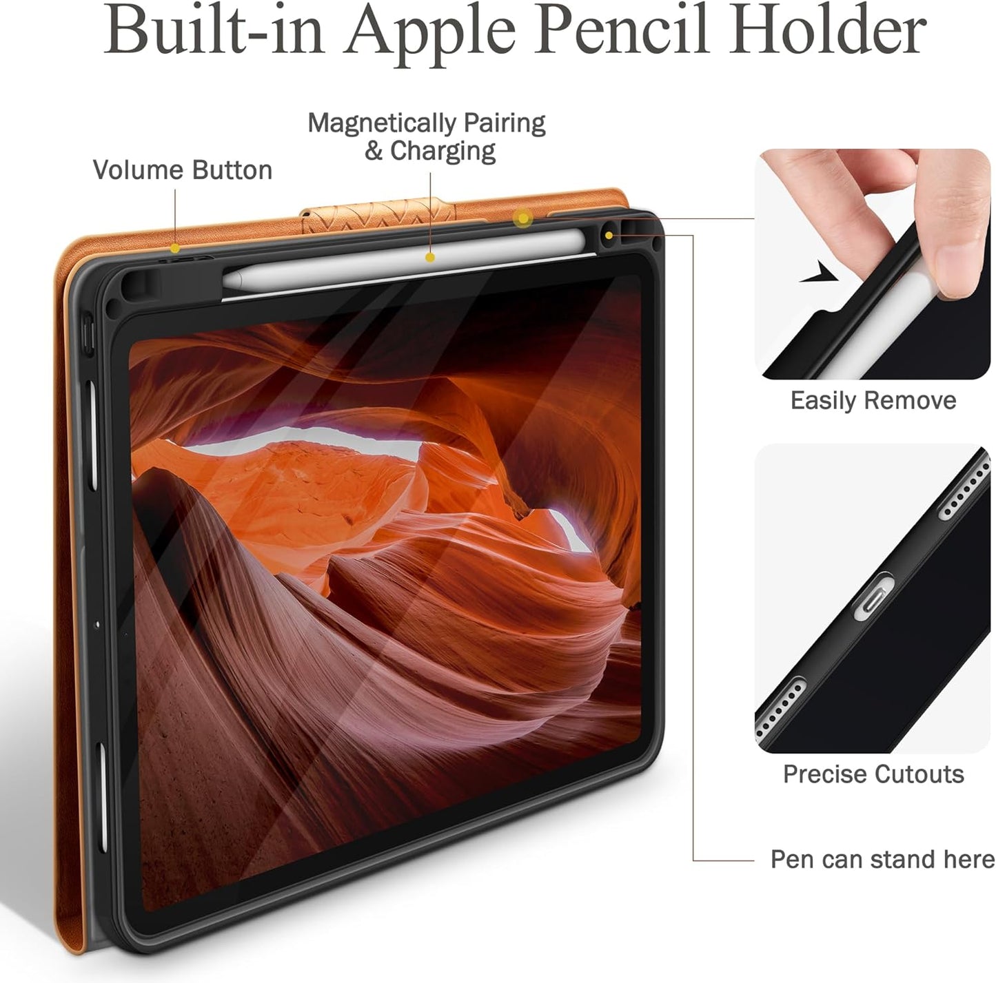 Custodia per Ipad Pro 13 Pollici M4 (2024), Con Portapenne Integrato, Supporto per Pencil Pro/Pencil (USB-C), PU Pelle, Auto Svegliati/Sonno (Marrone)