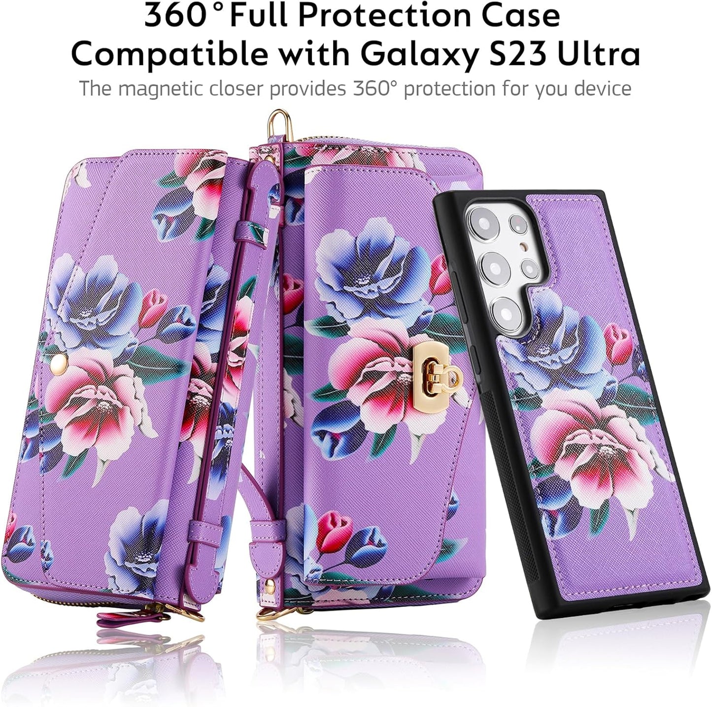 Custodia a Portafoglio per Galaxy S23 Ultra, in Pelle PU Di Alta Qualità, Slot per Schede, Chiusura Magnetica, Custodia Protettiva RFID per Samsung Galaxy S23 Ultra Da 6,8 Pollici, Viola