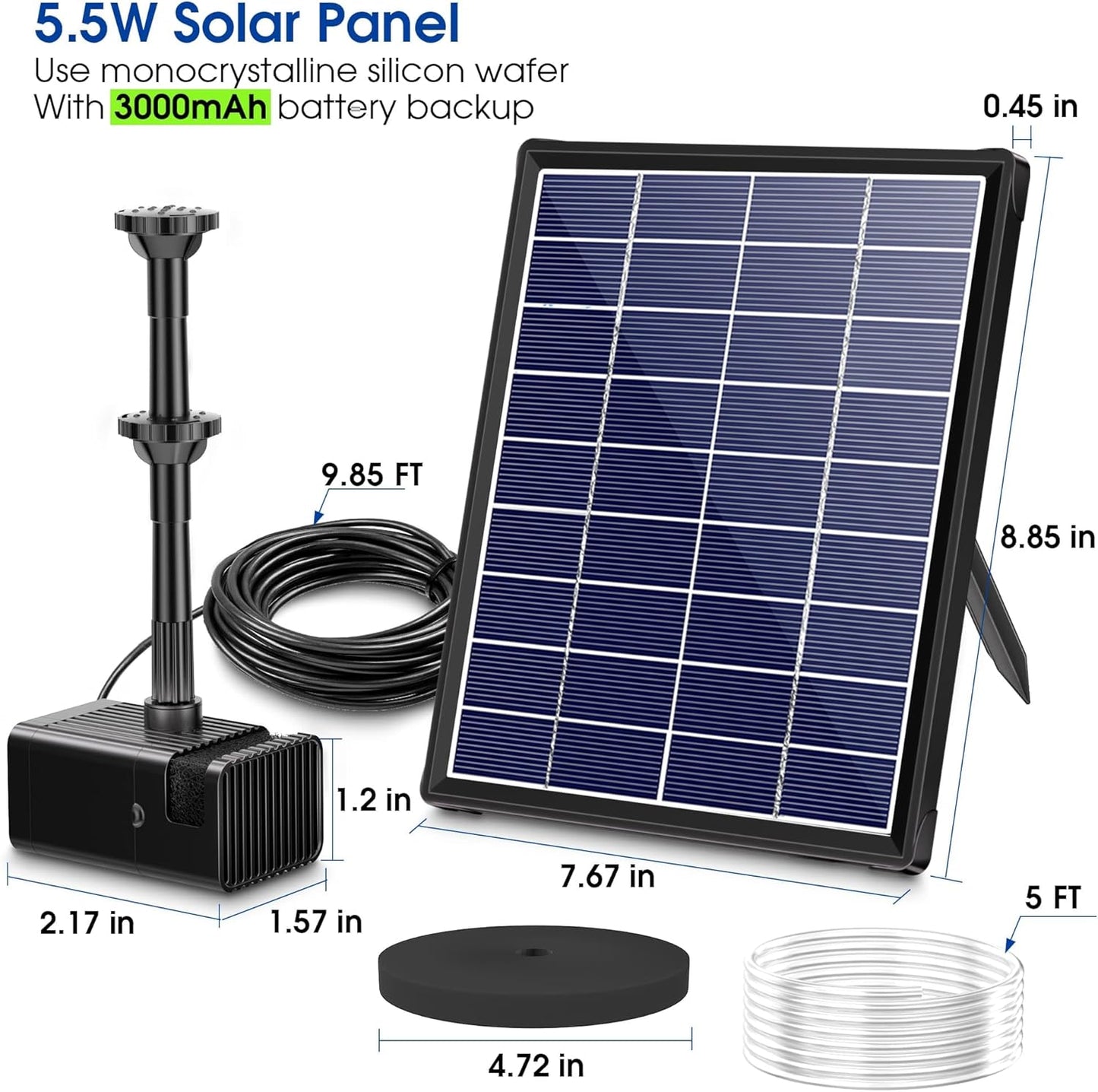 Fontana Solare Da Giardino per Esterno, Pompa Solare per Laghetto Da 5,5 W Con 1500Mah Batteria, 93,5 GPH, 1,2M Tubo Con 6 Ugelli Fontana Pompa Da Giardino, Bagno per Uccelli, Stagno, Piscina