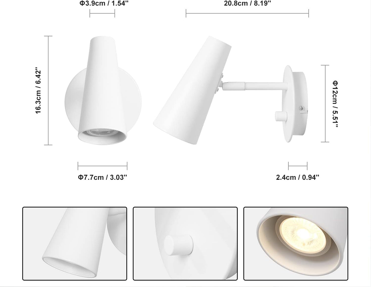 Lampada Da Parete GU10 5W 3000K Bianco Caldo Illuminazione Da Parete Interni Con Interruttore Dimmer Faretto Muro Luce Orientabile per Camera Da Letto Lettura Cucina, Alluminio, Bianco