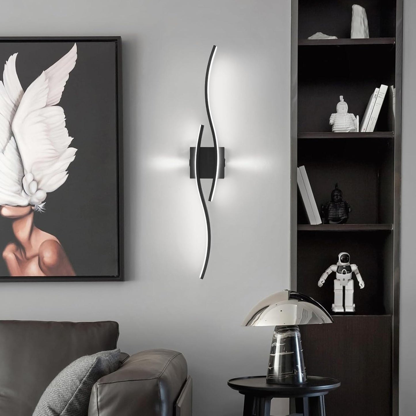 Lampada da Parete a LED per Interni, Lampade da Parete Moderne Nere LED con Sorgente Luminosa Ausiliaria su Entrambi i Lati, Lampada da Parete Curva Creativa per Scale Corridoi Soggiorno - Luce Bianca Fredda 28W 80Cm.