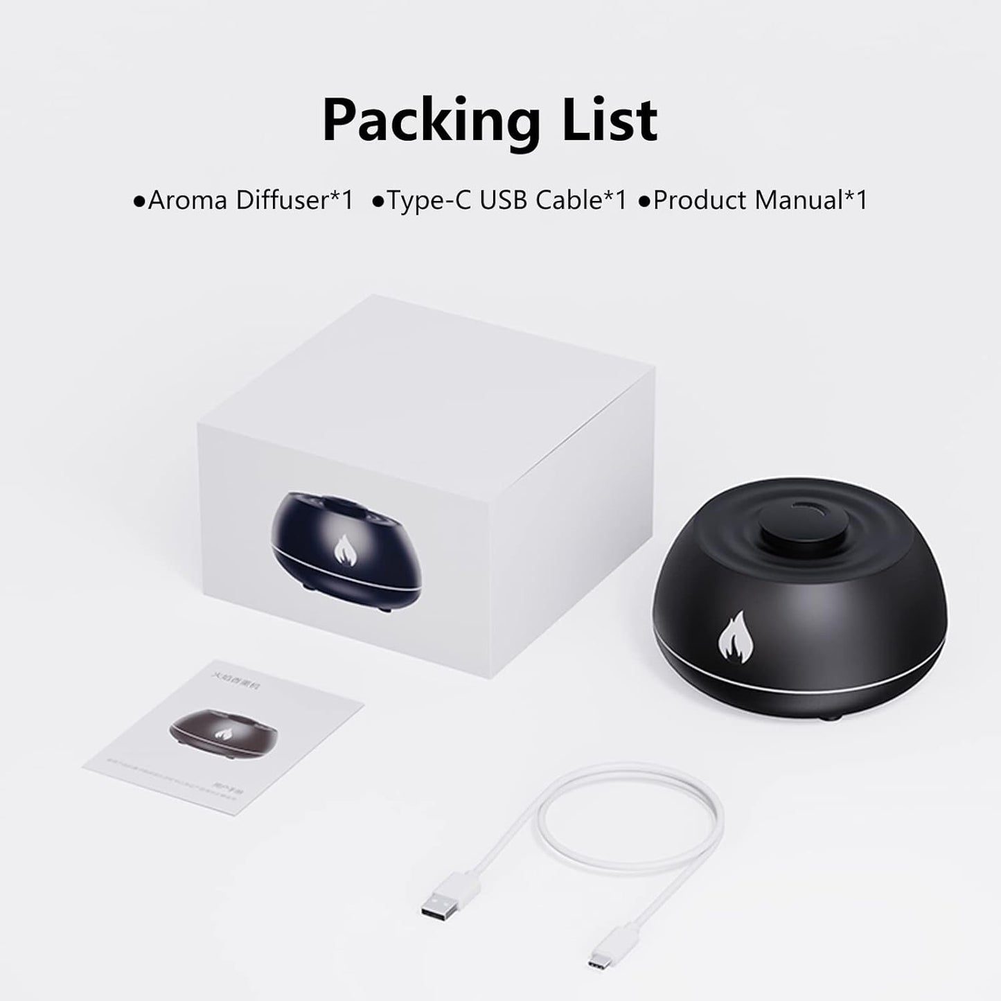Flame Aroma Diffusore Di Oli Essenziali Umidificatore 7 Colori Fiamma per Casa, Camera Da Letto E Ufficio, Con Protezione Arresto Automatico Senza Acqua (Black)