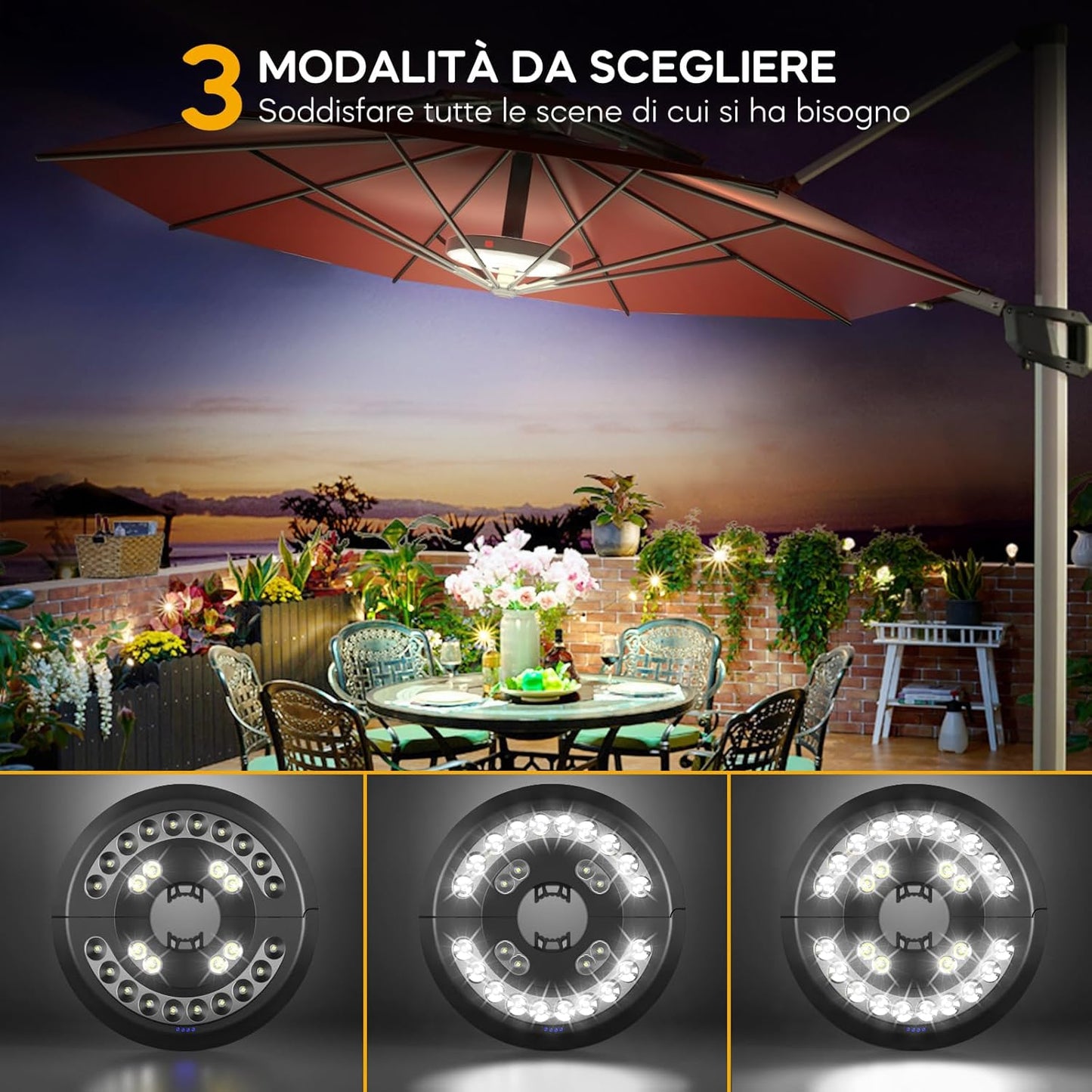 Luce per Ombrellone, Luci Ombrellone Esterno Lampada Da Giardino Con USB Ricaricabile 3 Modalità Di Illuminazione per Giardino Esterno Terrazzo Piscina