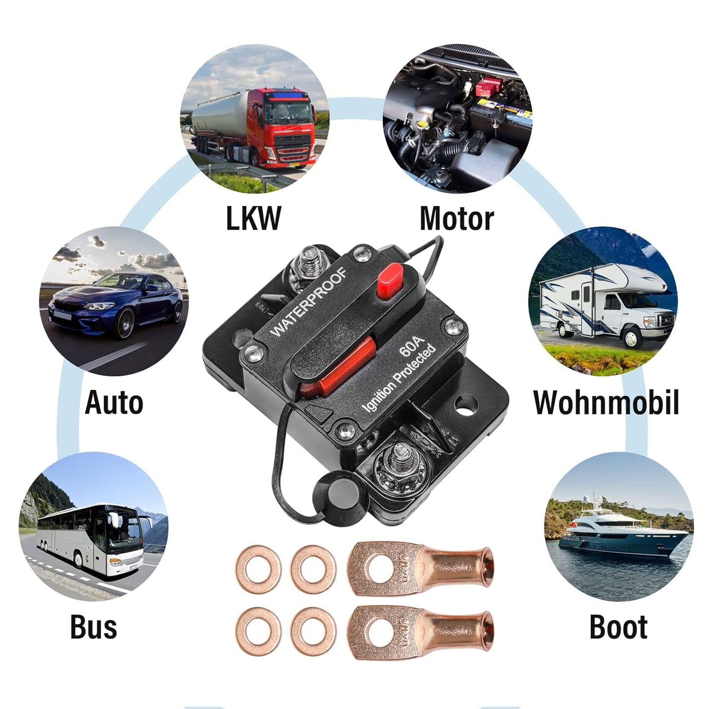 Interruttore Automatico Da 60 Amp Con Anse in Rame, Impermeabile, Invertitore Con Ripristino Manuale, Impermeabile, per Auto, Camion, Autobus, Camper, Barca, Veicolo Marino, 12 V-48 V CC