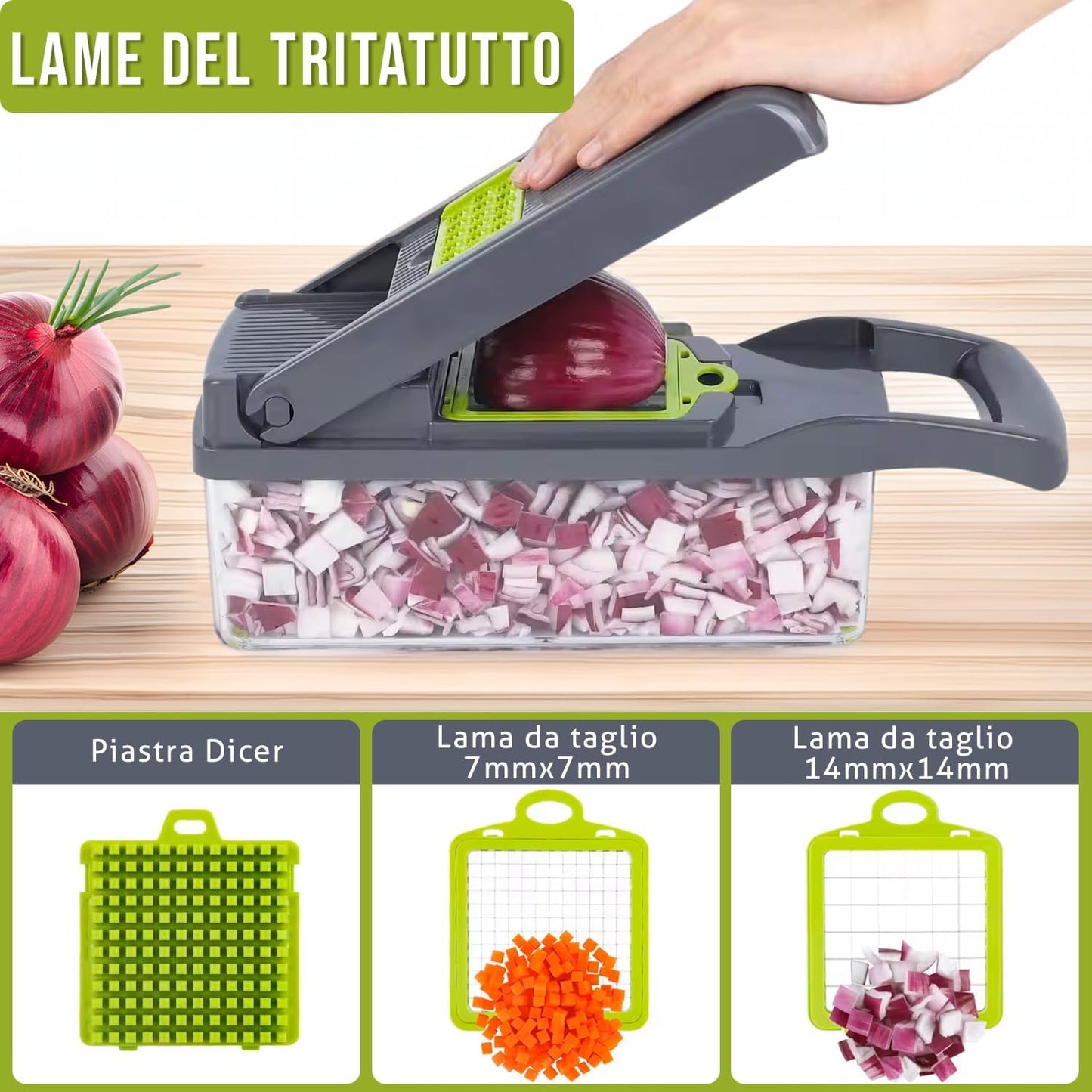 Mandolina 16 in 1 - Tagliaverdure Multiuso Con Lame Intercambiabili, Grattugia, Affettatrice, Tritatutto E Accessori Di Sicurezza, Ideale per Frutta, Verdura, Insalate E Altro