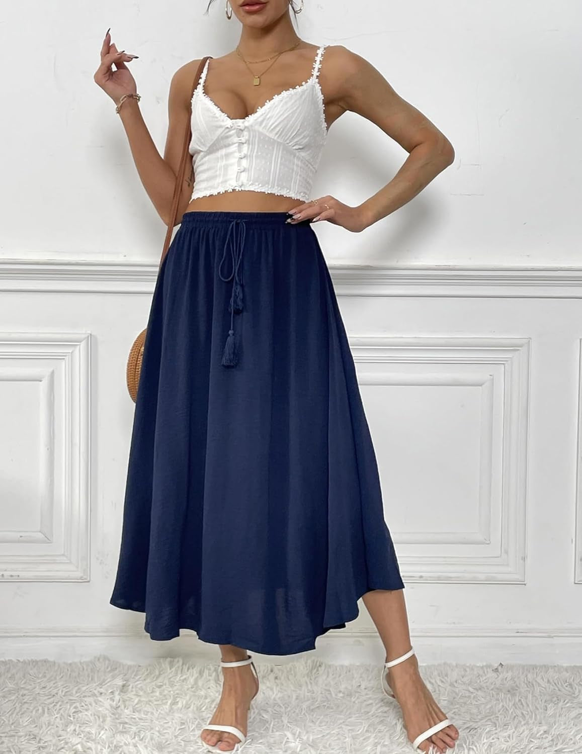 Gonne Da Donna, Lunghezza Media, Elegante, a Vita Alta, Maxi Gonna Con Coulisse, Tinta Unita, Casual, per Il Tempo Libero, Matrimoni, Cocktail