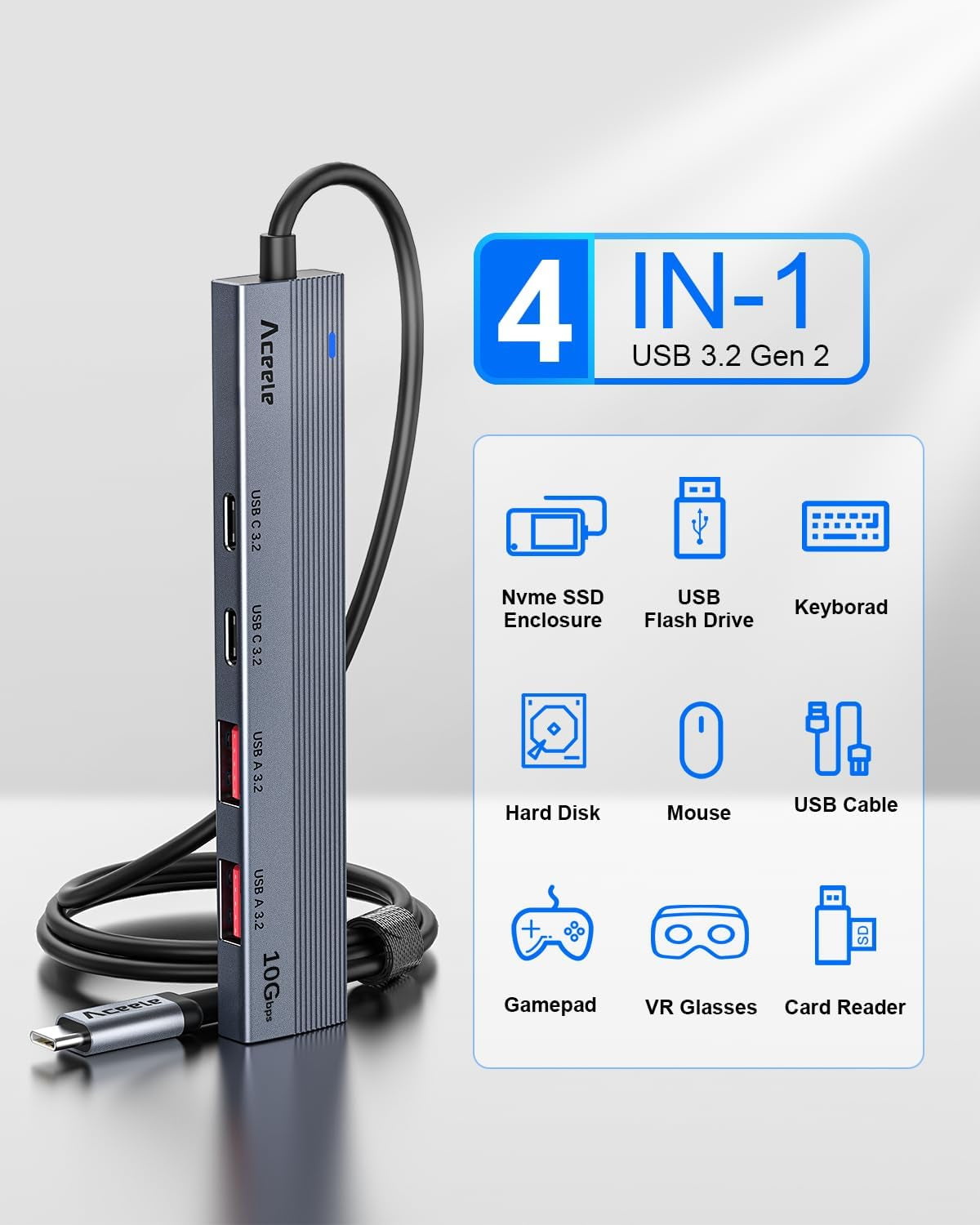 Hub USB C Da 10 Gbps Con 2 Porte USB-A E 2 Porte USB-C, Adattatore USB 3.2 Gen 2 Con Cavo Da 100 Cm, Splitter USB 5 in 1 per Laptop, PC Desktop, Macbook Pro/Air 2022/2021, Ecc.