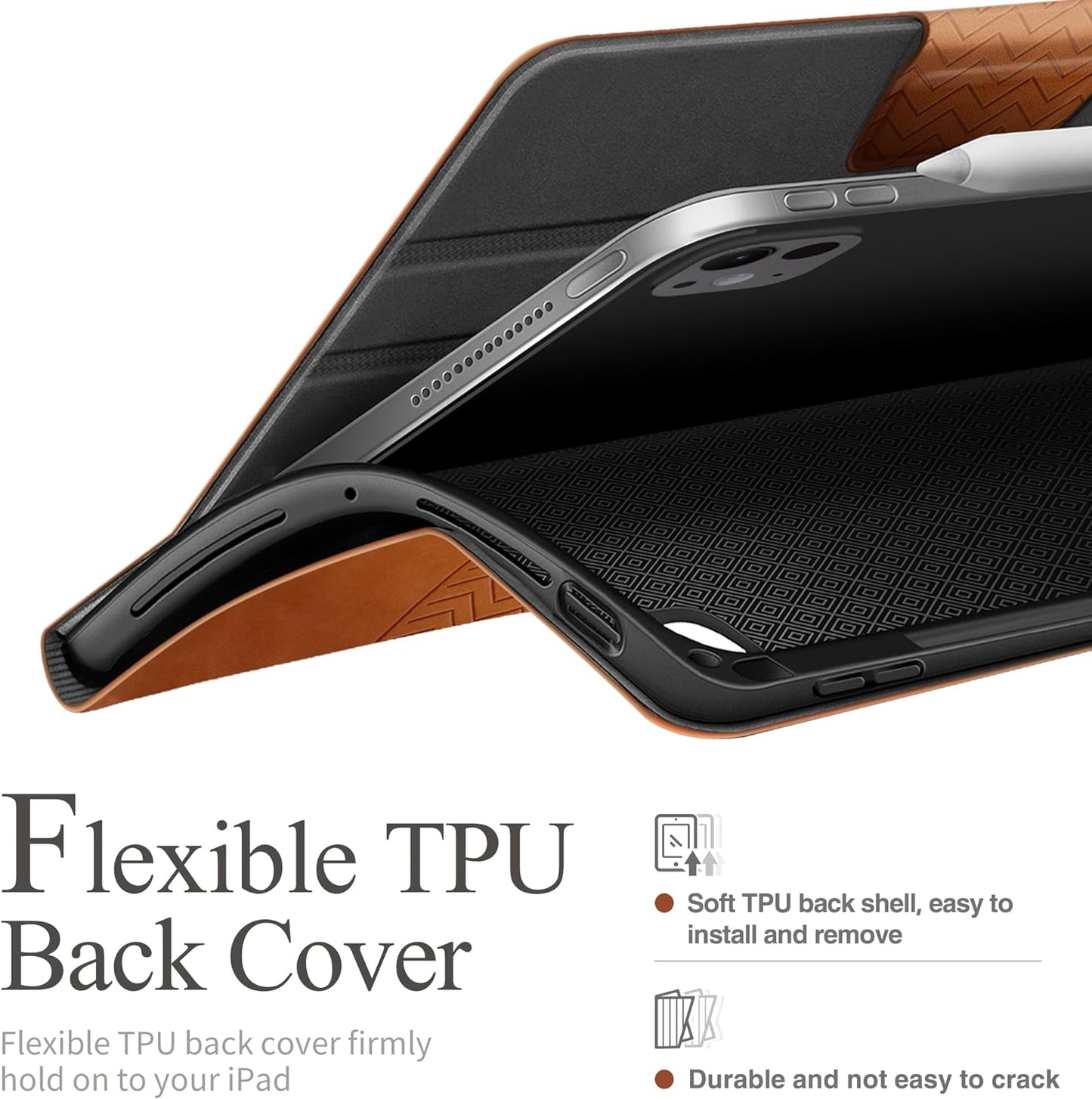 Custodia per Ipad Pro 13 Pollici M4 (2024), Con Portapenne Integrato, Supporto per Pencil Pro/Pencil (USB-C), PU Pelle, Auto Svegliati/Sonno (Marrone)