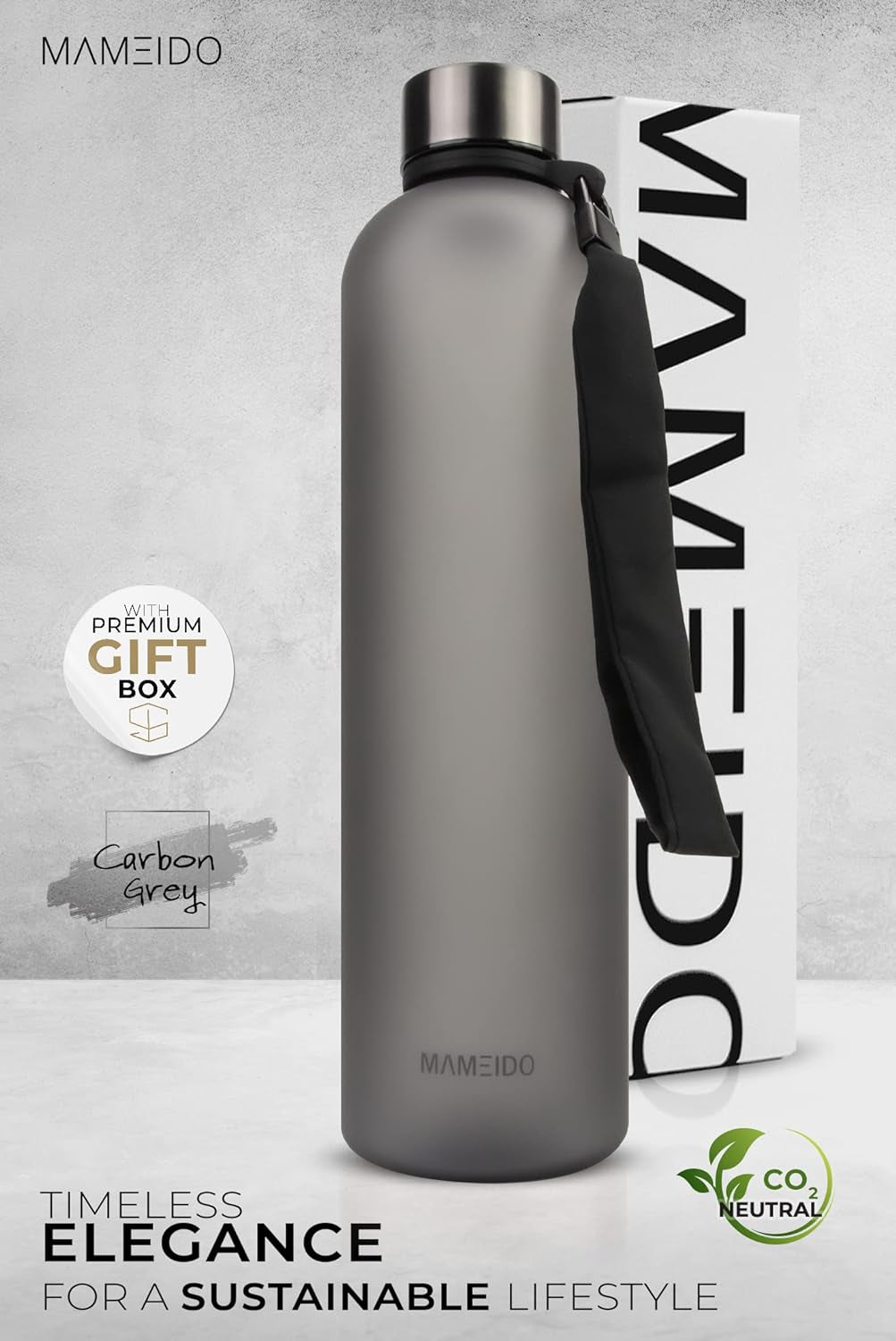 Bottiglia Acqua 1 Litro - Borraccia Plastica Tritan a Tenuta Stagna, Senza BPA - Bottiglia Motivazionale Con Orario (Carbon Grey, 1L)