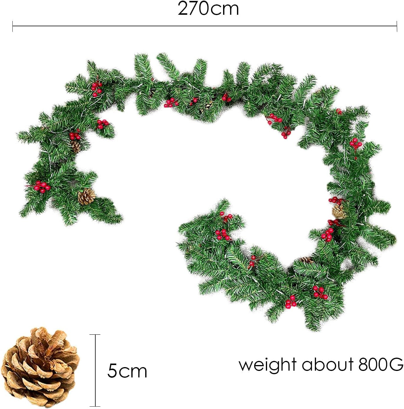 Ghirlanda Natalizia Con Luci 270CM Ghirlanda Natalizia Scale Lunga Luce a Led,Ghirlande Artificiali Natale per Camino Scale Porte Albero Decorazione per Feste Di Natale