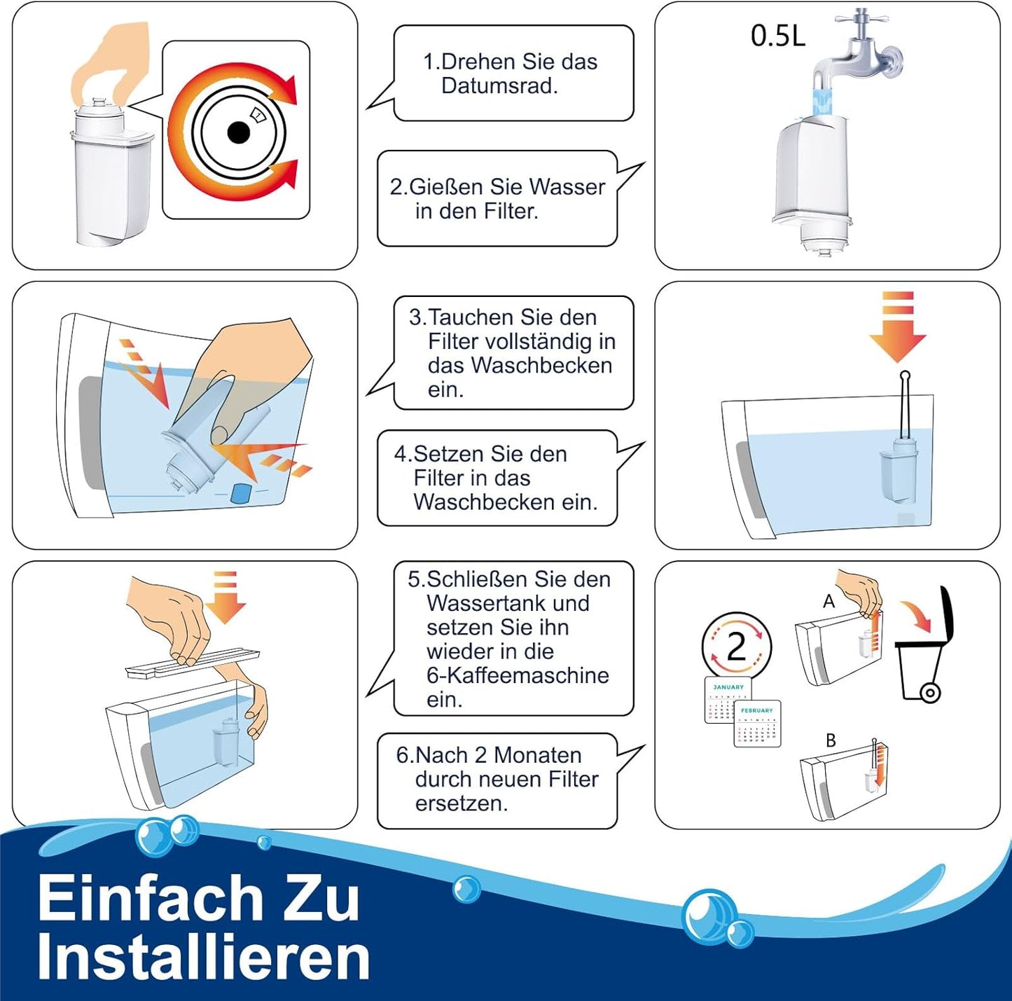 Filtro Acqua Di Ricambio per Siemens Brita 467873 (6 Pezzi)