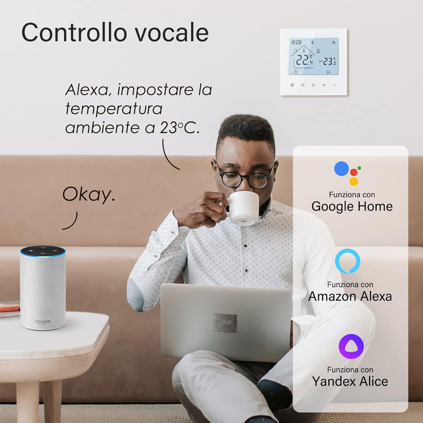 Beok Termostato Wifi Termostati Smart Ambiente per Riscaldamento a Pavimento Dell'Acqua Programmabile Regolatore Di Temperatura Con LCD, Compatibile Alexa, Google Home 3A TDR89W-WIFI-WP Bianco