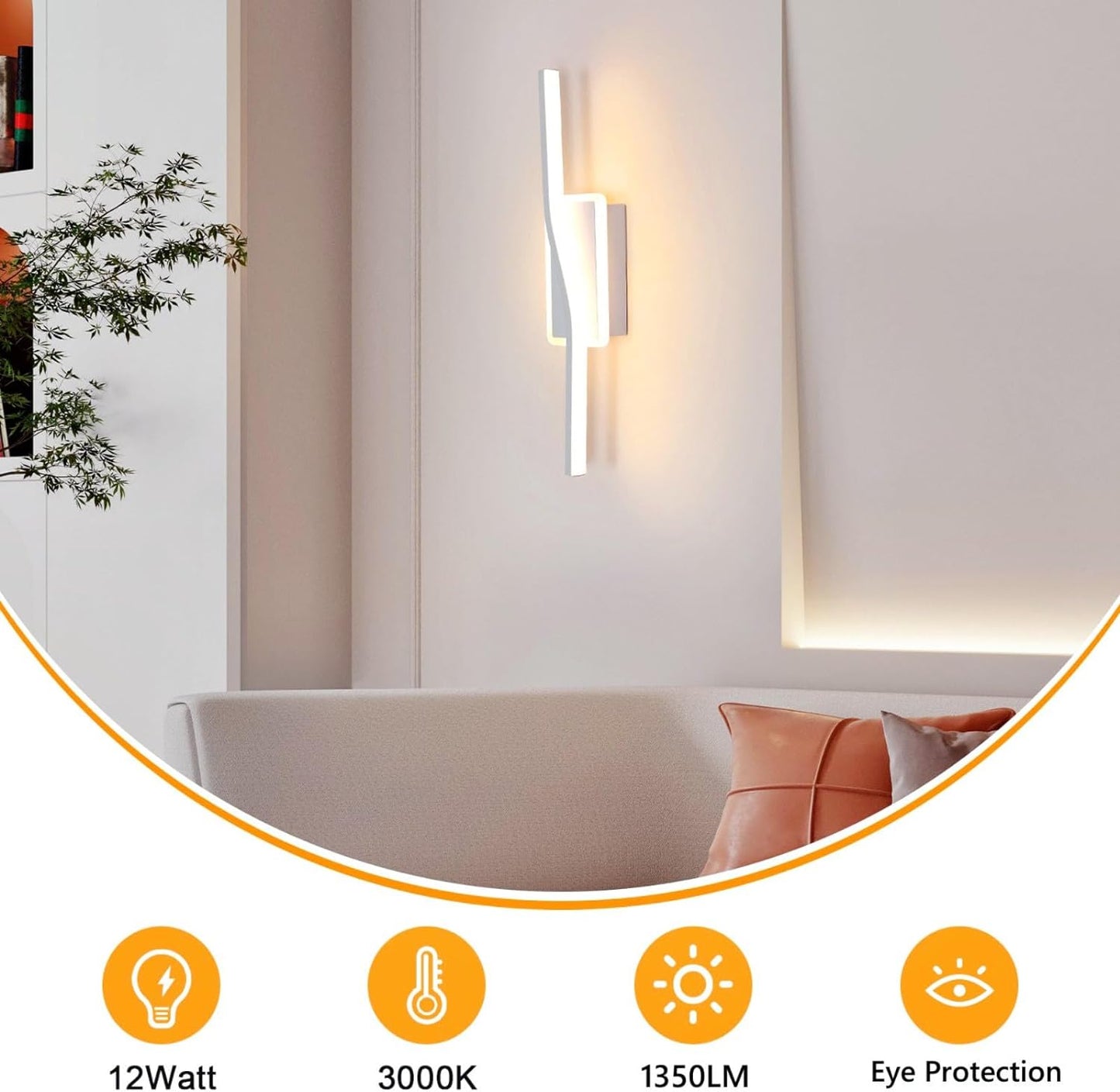 Applique Da Parete Interno, Lampada Da Parete LED Moderna 12W, Luce Bianco Caldo 3000K Lampada a Muro Interni per Camera Da Letto, Soggiorno, Corridoio, Scale