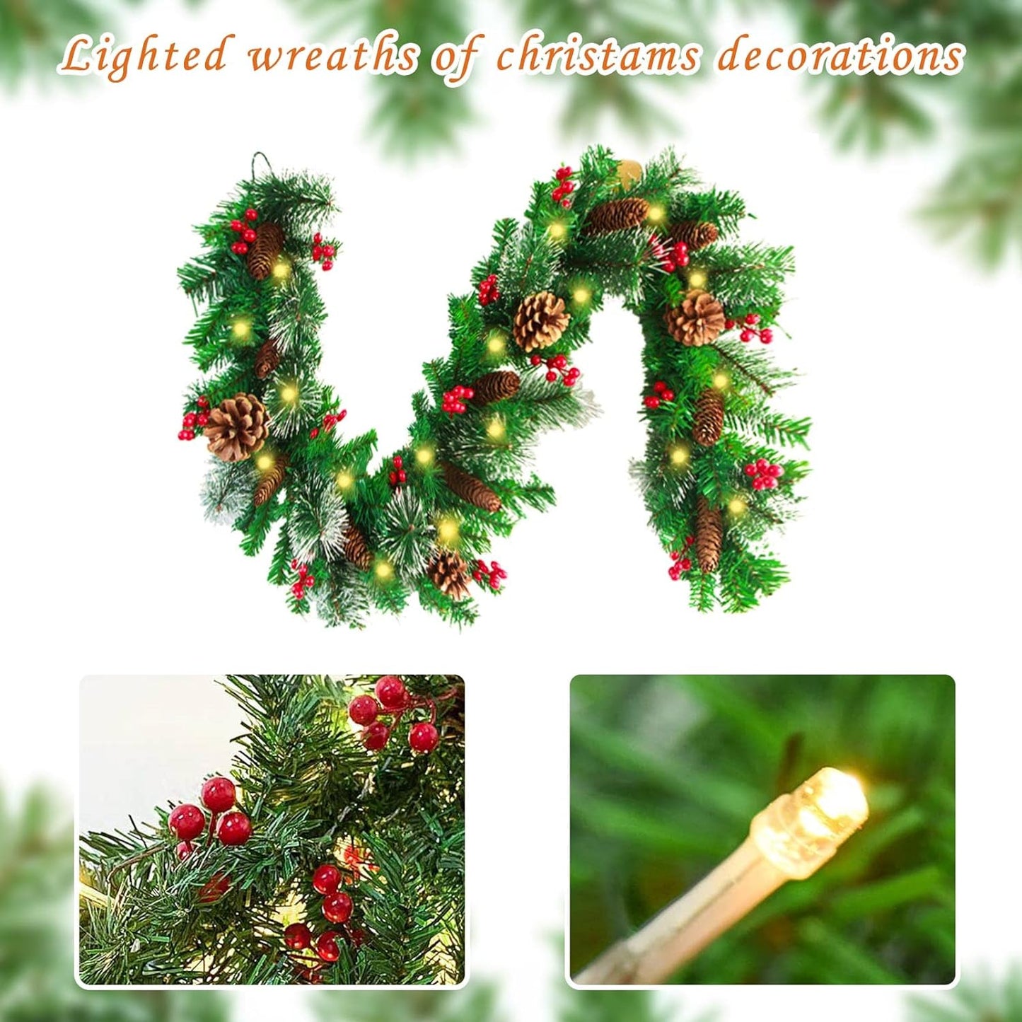 Ghirlanda Natalizia Con Luci 270CM Ghirlanda Natalizia Scale Lunga Luce a Led,Ghirlande Artificiali Natale per Camino Scale Porte Albero Decorazione per Feste Di Natale