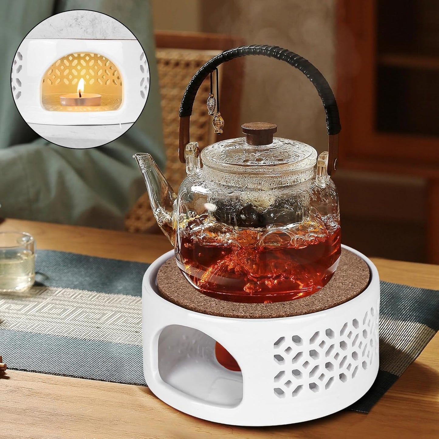 Fornello per Teiera, Fornelletto, in Ceramica, per La Conservazione Del Calore Di Tè E Caffè (Bianco)