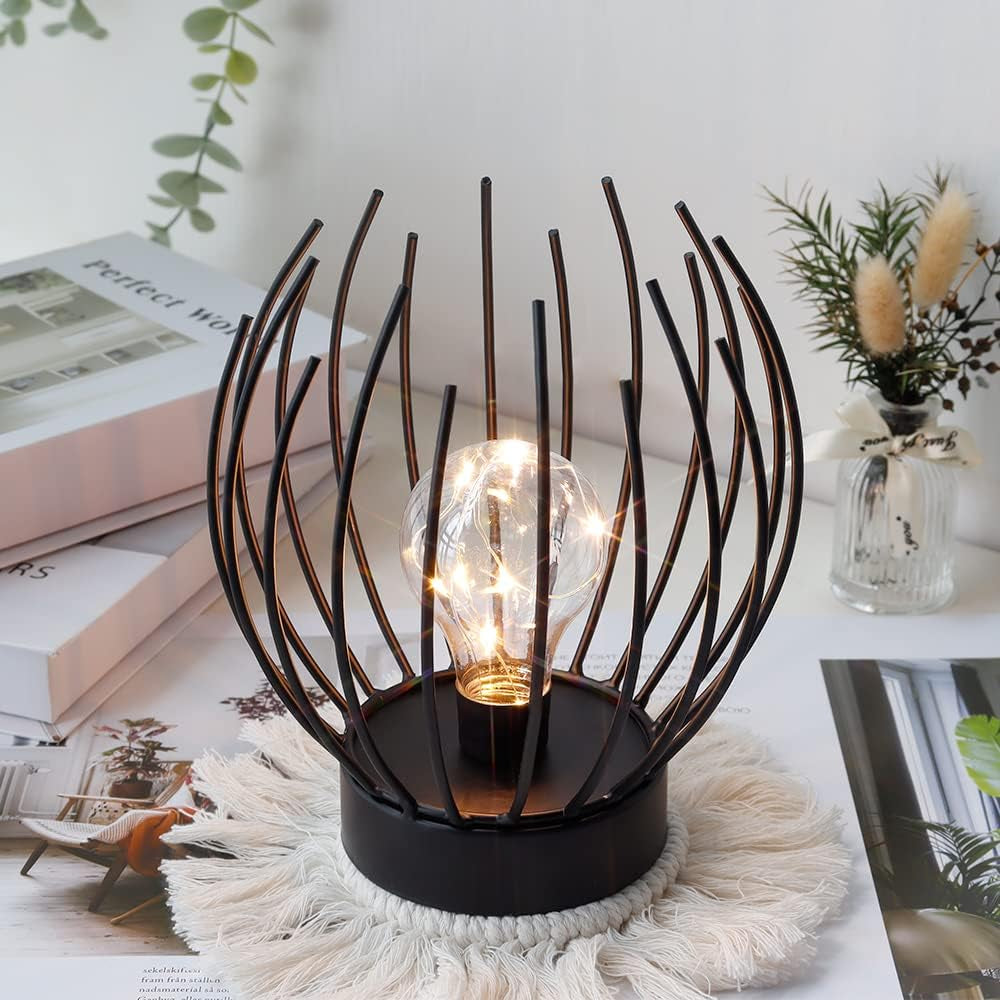 Lampada Da Tavolo in Metallo Decorazione Lampada Senza Fili Lampade Comodino Camera Da Letto a Batteria Caricata Con Lampadina Sferico per Matrimoni Feste Patio Eventi All'Aperto(Nera)