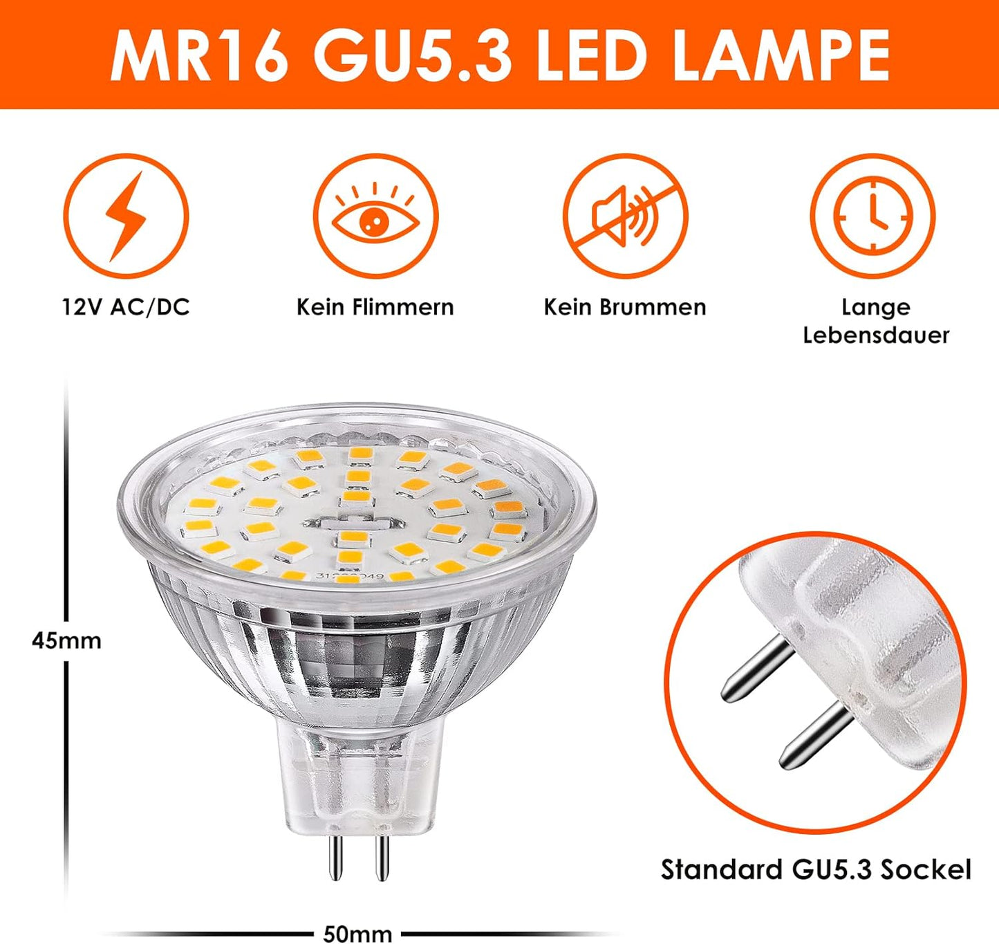 GU5.3 LED Bianco Caldo CRI>90, 2700K MR16 4,7W 520Lm, AC/DC 12V, Sostituisce 50 Watt, Angolo Di Emissione 120°, Non-Dimmerabile, Confezione Da 10 Pz