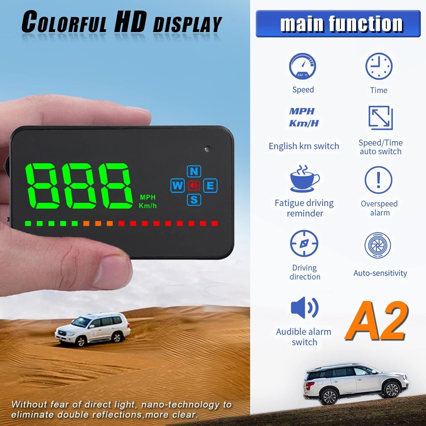 Head up Display Car, HUD GPS Car HUD Display per Tutte Le Auto E Camion, Proiettore LED Parabrezza, Pellicola Riflettente HUD Sistema Di Posizionamento Geografico Tachimetro, Plug & Play