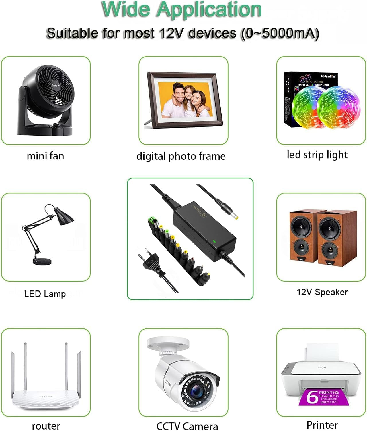 Gonine Alimentatore Switching 12V 5A 60W Adattatore CA Con Spina CC 5,5 X 2,1 Mm E Connettore Jack CC 11 PC per Strisce Luminose a Led, Monitor Del Computer E Altro