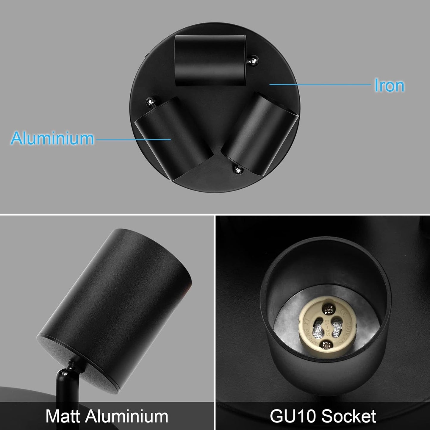 Faretti Da Soffitto Orientabili Nero, Con 3 Attacco GU10, Plafoniera 3 Luci Interno, Lampada Soffitto per Cucina, Soggiorno, Camera Da Letto, Max 50W X 3, Lampadina Non Inclusa