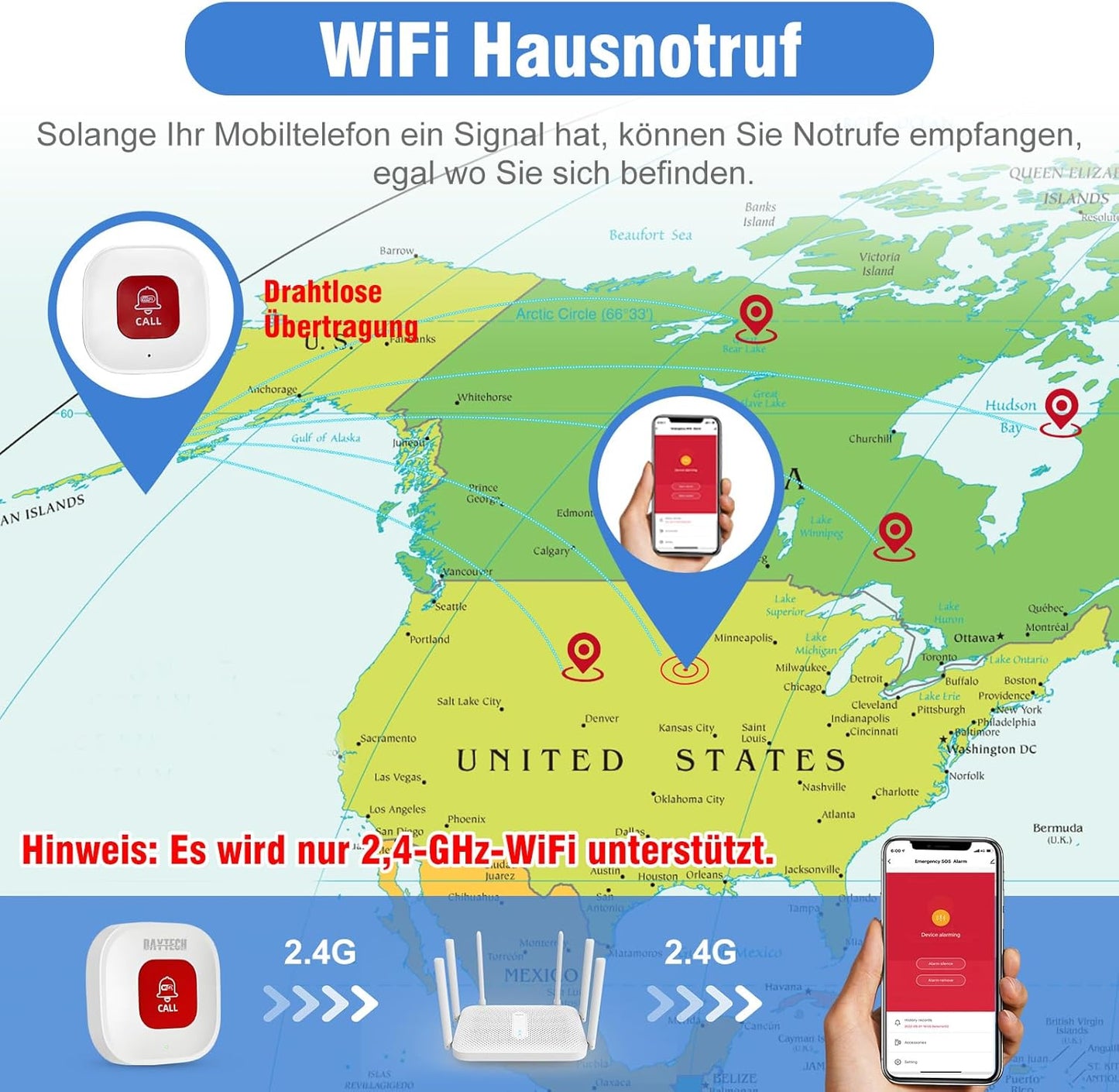 Daytech Wifi Pulsante Salvavita Anziani, Intelligente Pulsante Emergenza Anziani,L'Allarme per Anziani È Adatto a Persone Che Hanno Bisogno Di Essere Assistite a Casa(2 Pz)