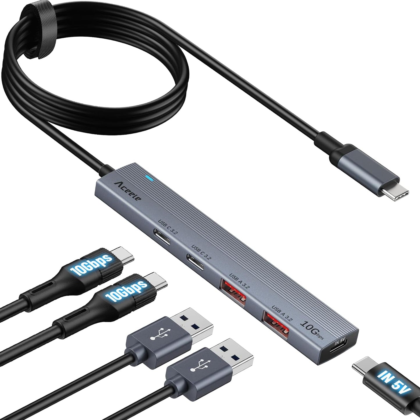 Hub USB C Da 10 Gbps Con 2 Porte USB-A E 2 Porte USB-C, Adattatore USB 3.2 Gen 2 Con Cavo Da 100 Cm, Splitter USB 5 in 1 per Laptop, PC Desktop, Macbook Pro/Air 2022/2021, Ecc.