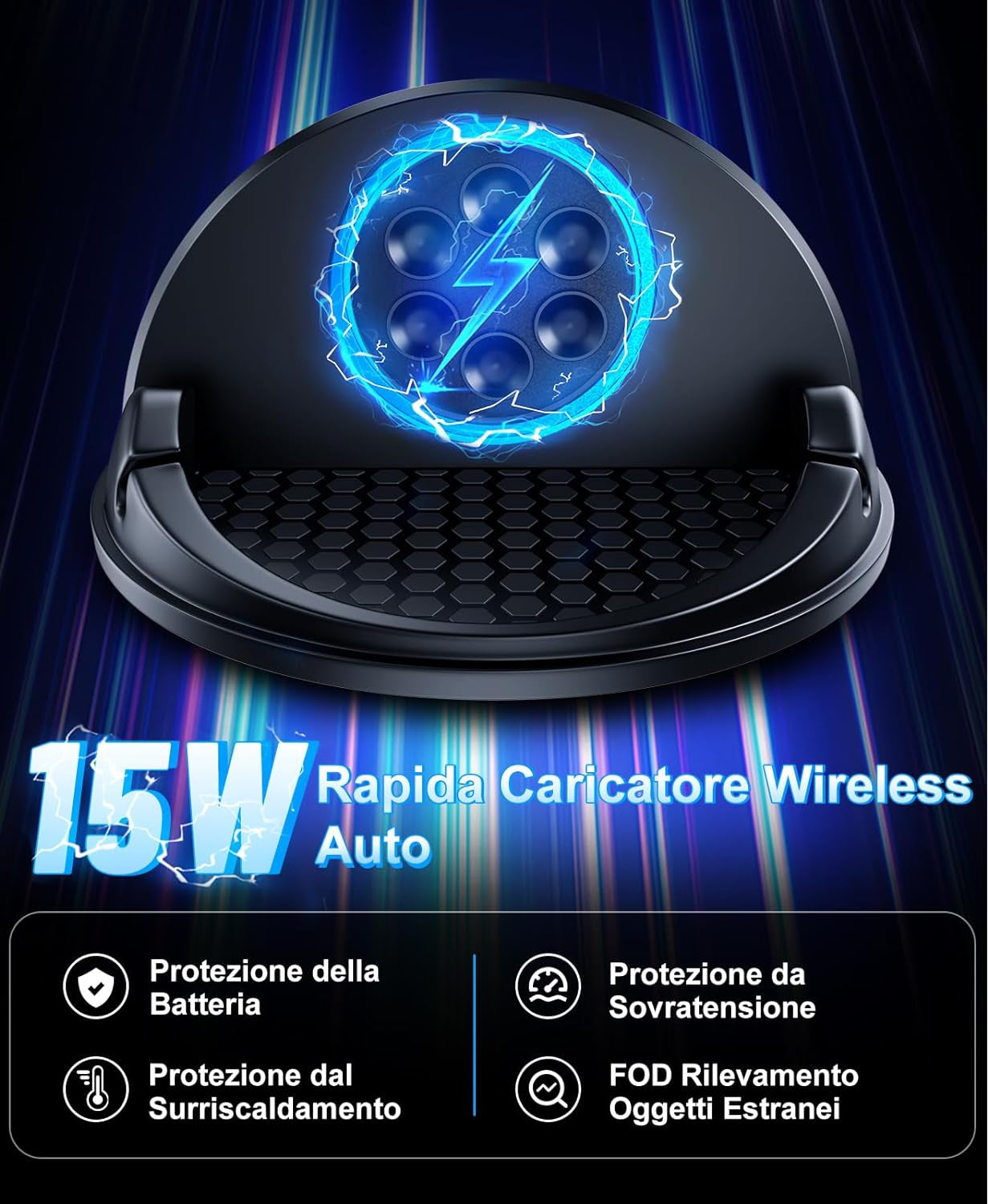 Caricatore Wireless Auto, 15W Caricabatterie Ricarica Rapida Supporto, Antiscivolo Caricatore Qi Auto Cruscotto per Iphone 16 14 13 12 11 Pro Max XR X SE, Samsung S23 S22 S21 Ultra Ecc