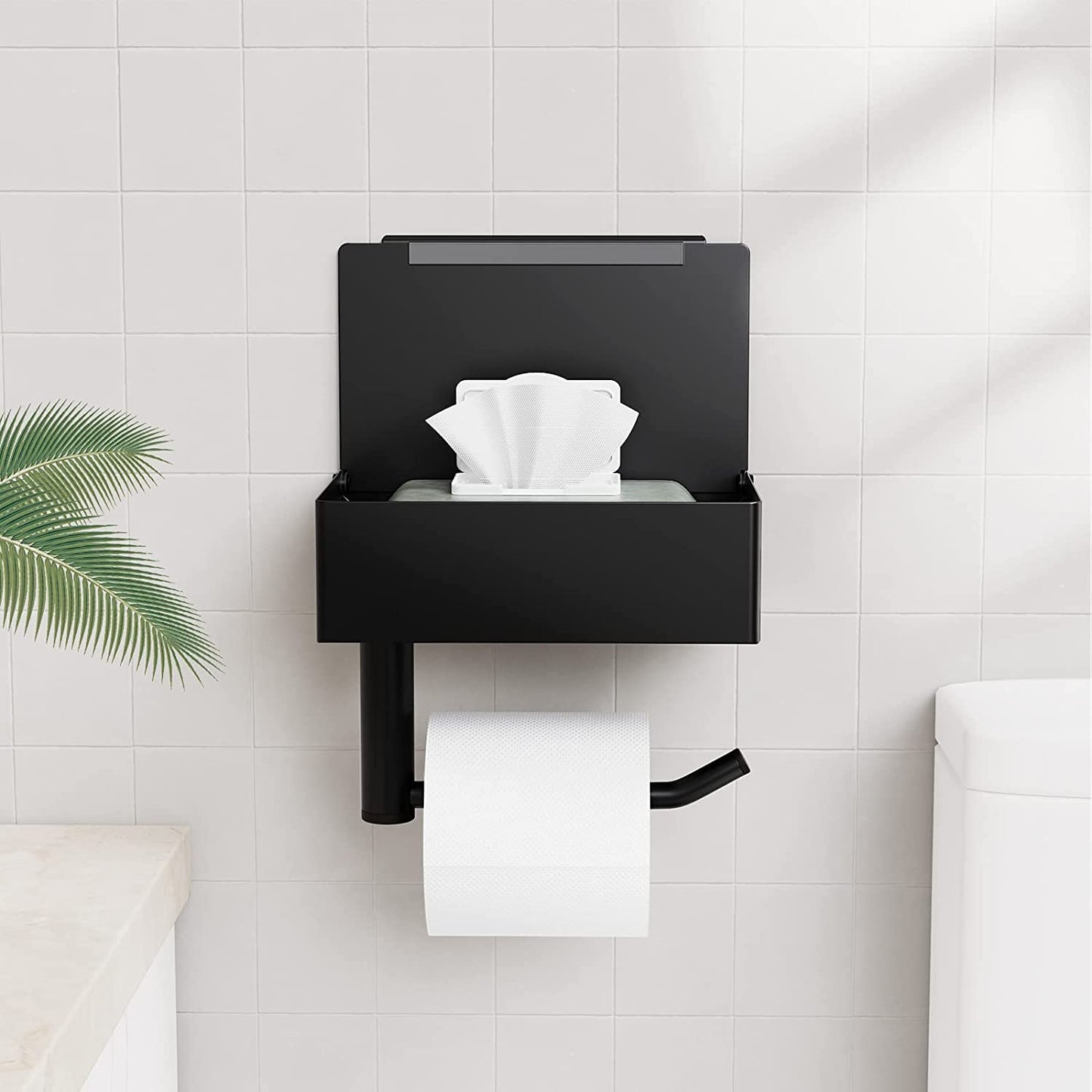 Grande Porta Carta Igienica Da Muro - Portarotolo Carta Igienica Con Contenitore per Salviette Umidificate, Portarotolo Carta Igienica Bagno, Adesivo O Foratura(Nero)