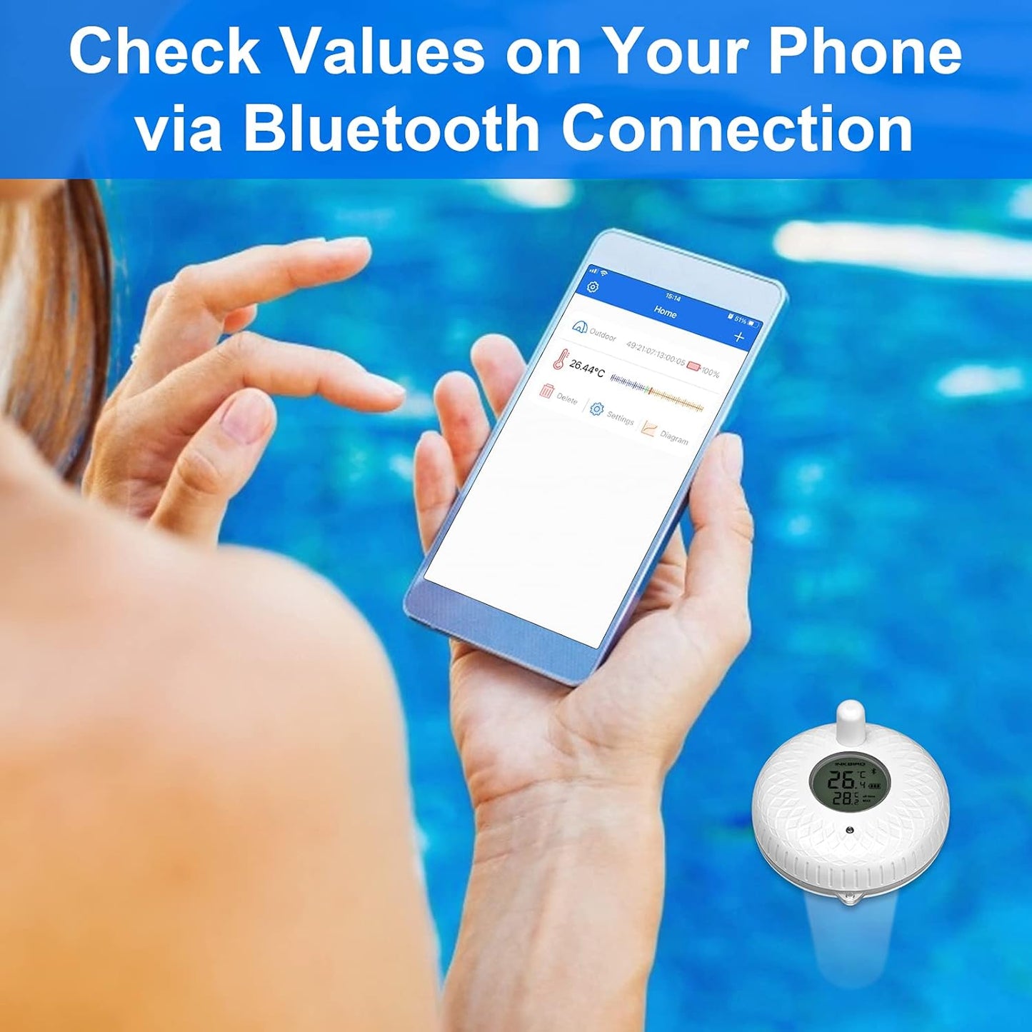 IBS-P02B Termometro per Piscina Digitale Termometro Galleggiante Bluetooth Con Sensore Di Temperatura Anti-Pioggia Con Esportazione Dati, Allarme, Grafica,Supporto per Ios E Android
