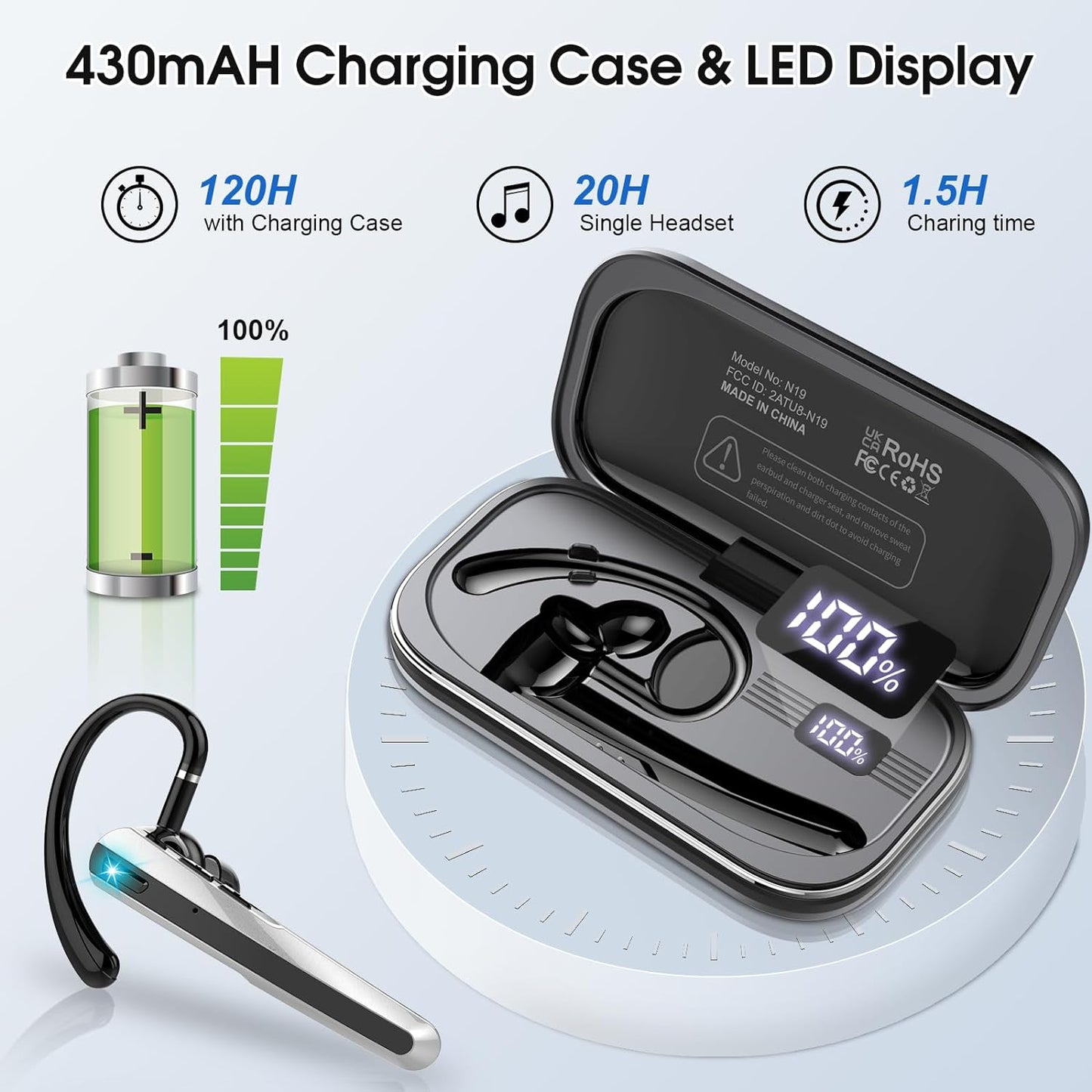 Auricolare Bluetooth, Auricolari Bluetooth 5.3 Con Microfono Antirumore, Cuffie Wireless Bluetooth Con Gancio Girevole, 120 Ore Conversazione Cuffiette Senza Fili per Lavoro/Business, Nero
