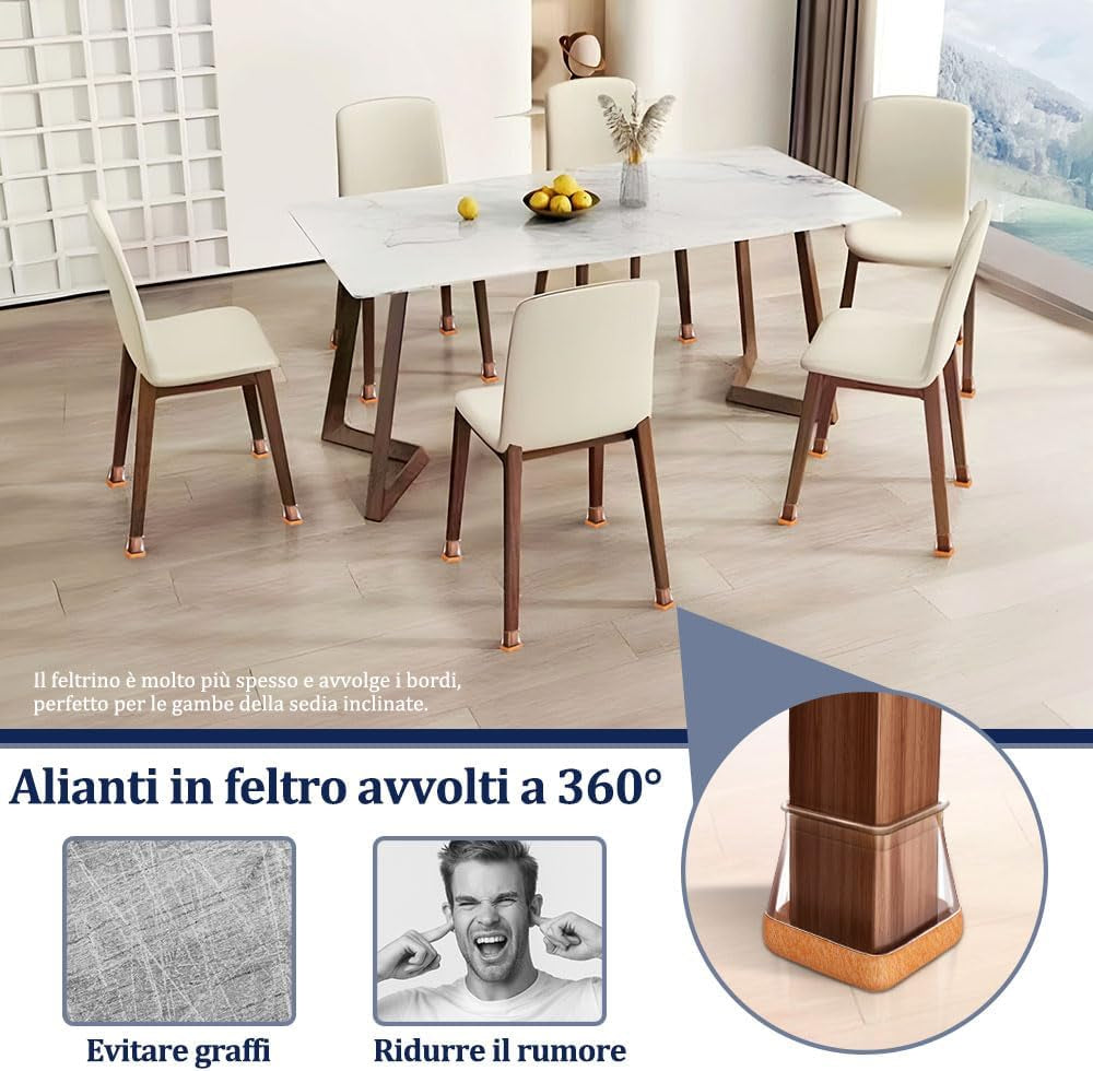 32 Pezzi Feltrini per Sedie Quadrati, Gommini per Sedie Con Feltrini Aggiornato Ispessito, Trasparente Tappi Silicone, Protezioni per Gambe Di Sedie Mobili per Pavimenti in Legno(Fit: 43-50Mm)