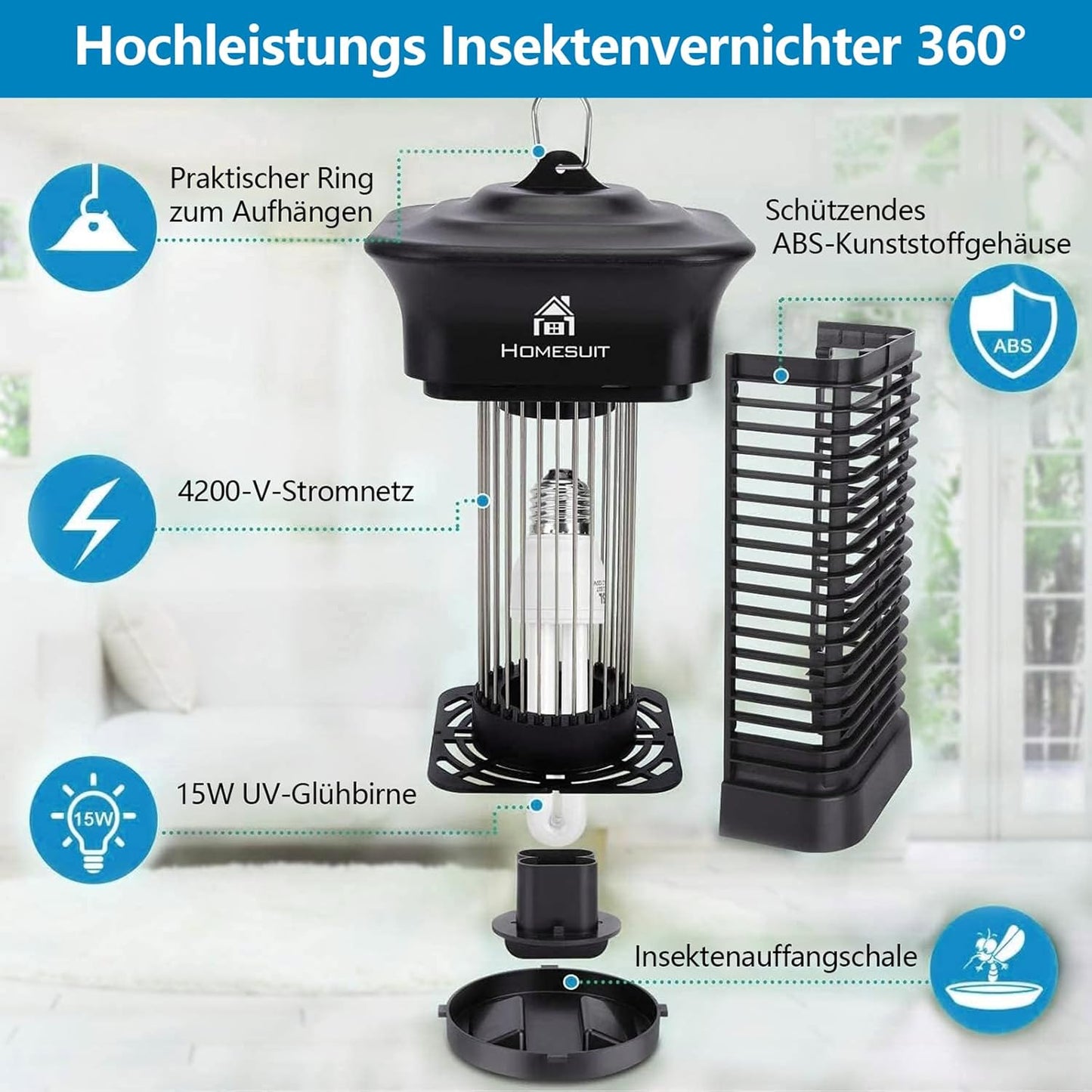 Killer per Insetti Elettrico Con Lampada 15W Trappola per Zanzare Trappola per Insetti Trappola per Mosche Repellente per Zanzare per Interni Lampada per Zanzare per Esterni anti Zanzare