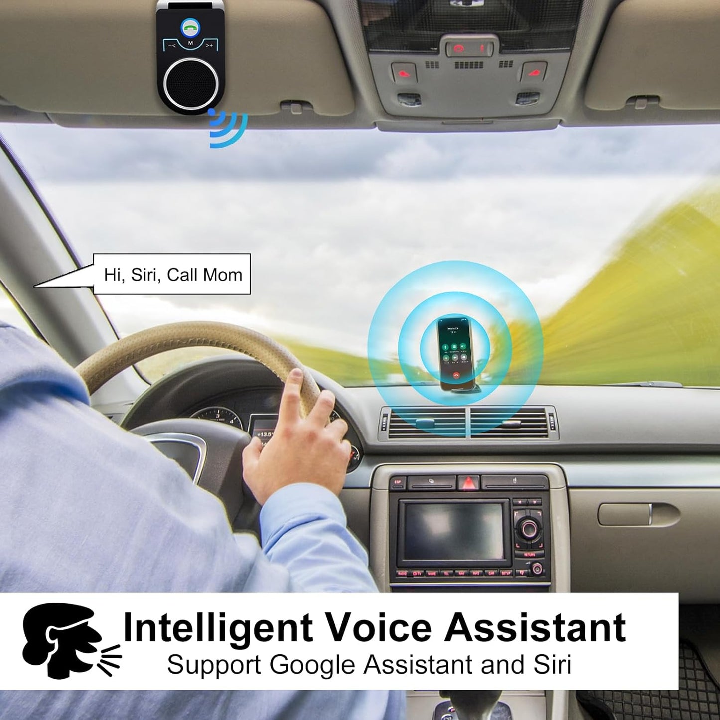 Kit Vivavoce Bluetooth 5.0 per Auto, Portatile Altoparlante Bluetooth per Chiamate Vivavoce, GPS E Musica, Connettività Dual Link, Supporta La Navigazione Vocale Siri Assistente Google