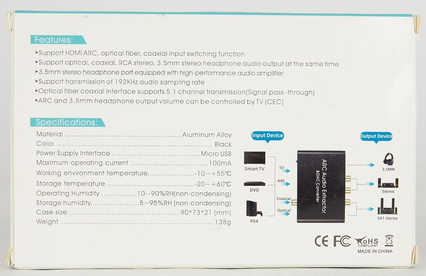 Arc Hdmi Extractor 2.0/5.1 Cec + 192Khz DAC Convertitore, Digitale Spdif Ottico Toslink Coassiale a Coax Spdif E Analogico RCA 3.5Mm Jack, Adattatore Audio per TV Phono Ampli Cuffie